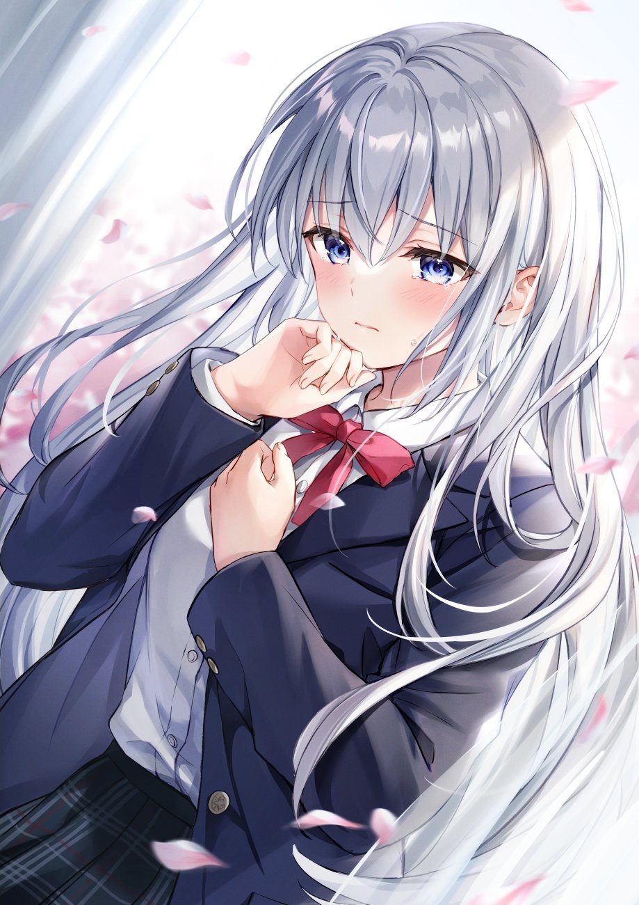 Girl with silver hair and blue eyes in school uniform HD Phone Wallpaper