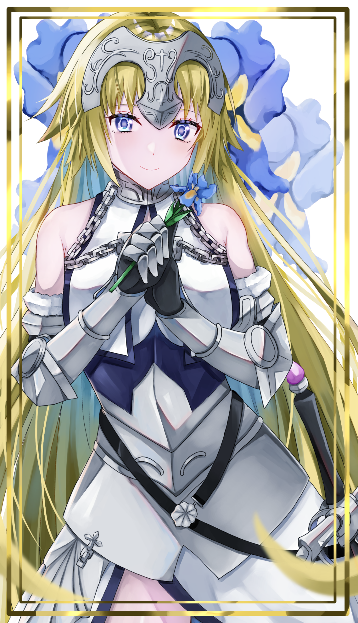 Jeanne d'Arc from Fate/Grand Order holding a blue flower HD Phone Wallpaper