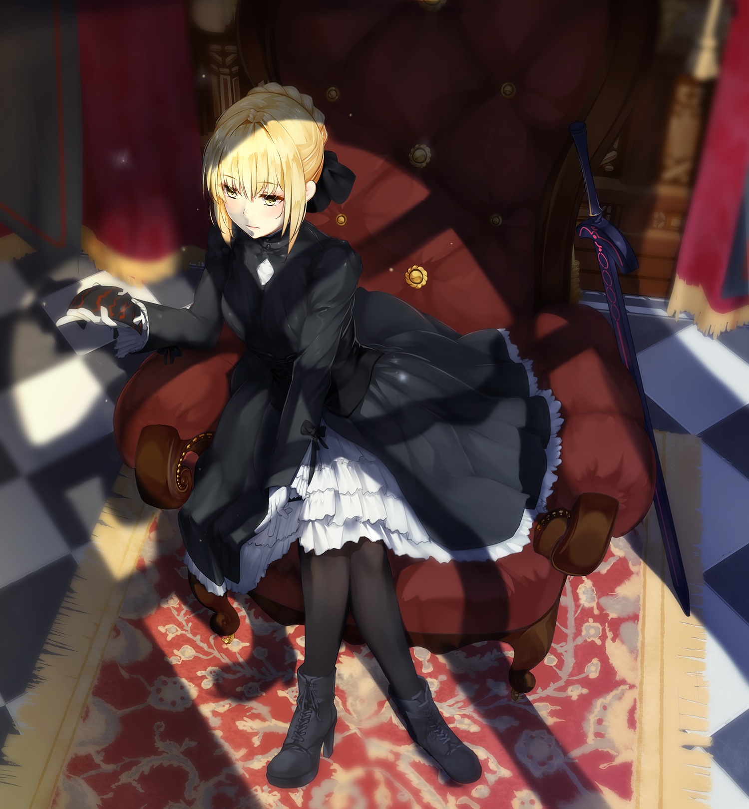 Saber Alter sits on a throne with a sword HD Wallpaper