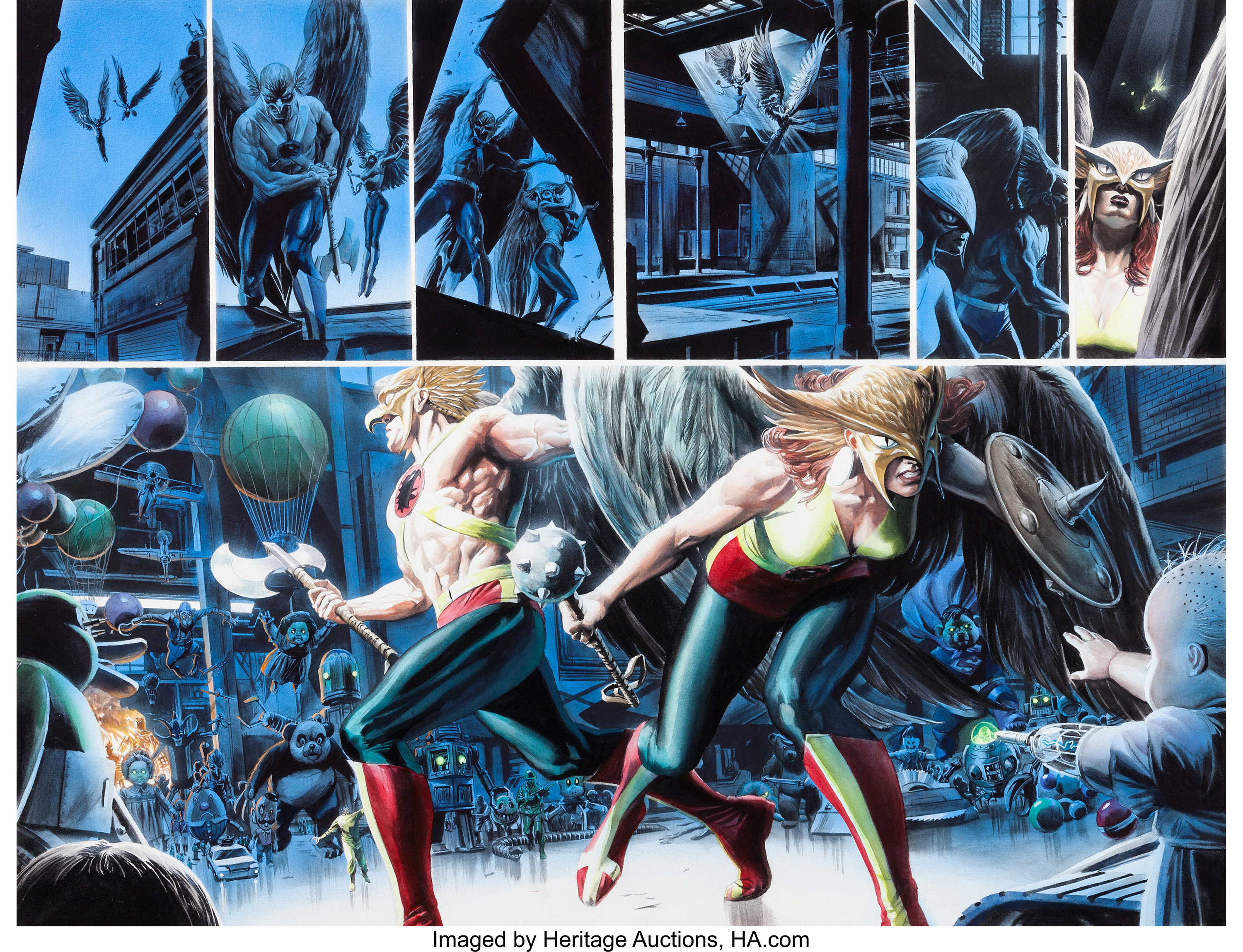 Hawkman and Hawkgirl Battle in a Toy-Filled City HD Wallpaper
