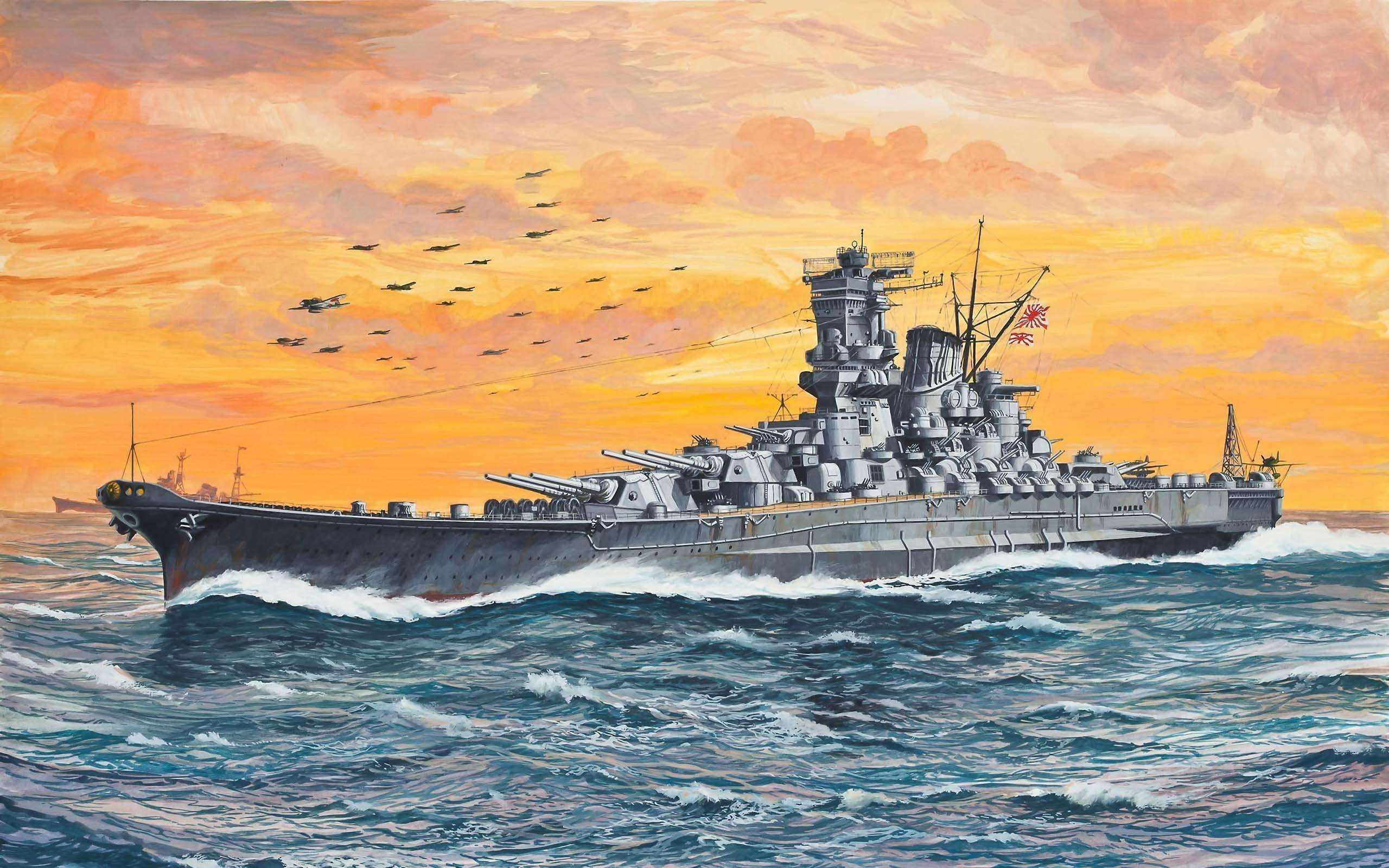 Battleship Yamato sailing at sunset with aircraft HD Wallpaper