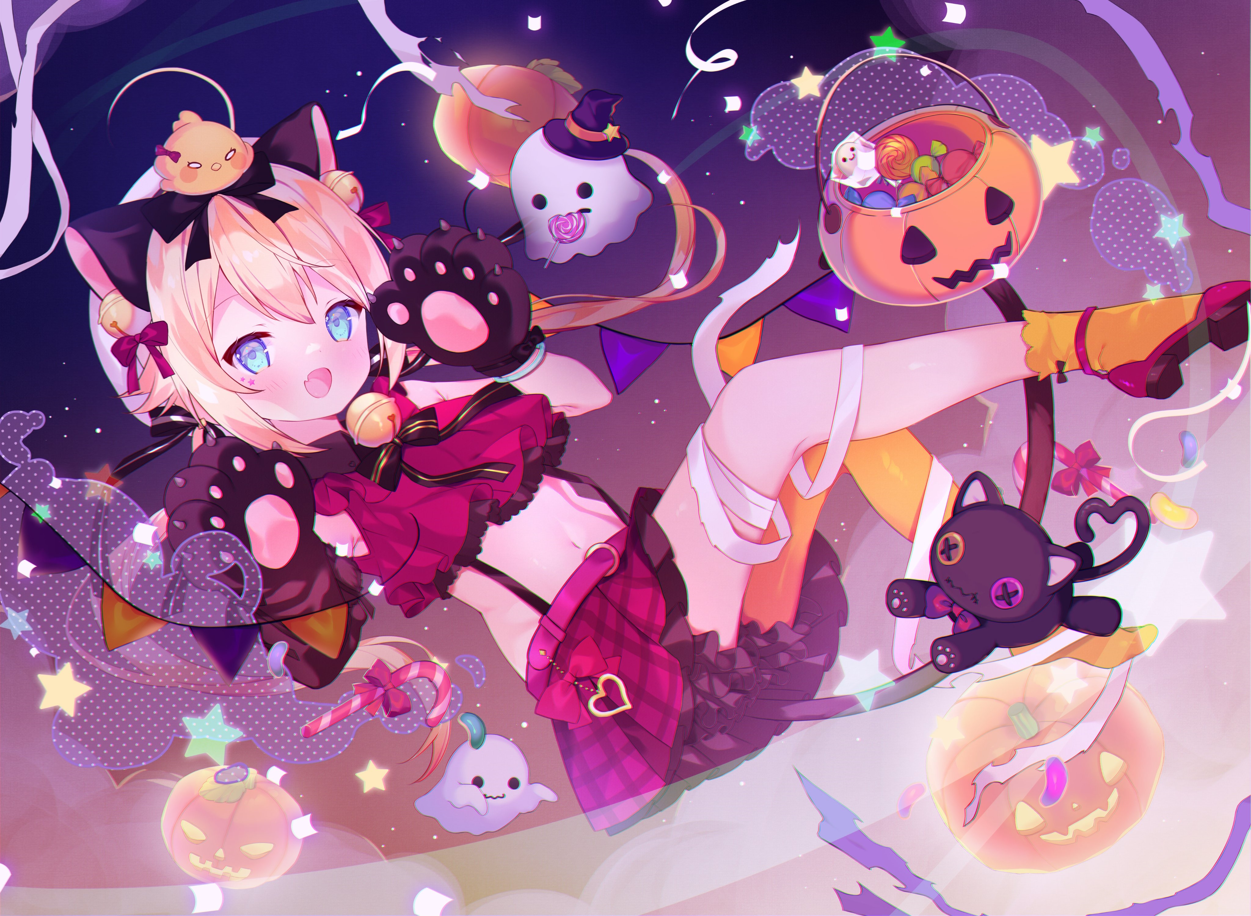 Halloween Cat Girl with Blue Eyes and Blonde Hair HD Wallpaper