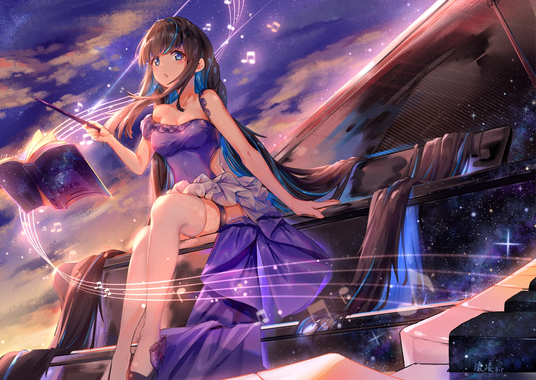 Girl in purple dress playing piano in starry sky HD Wallpaper