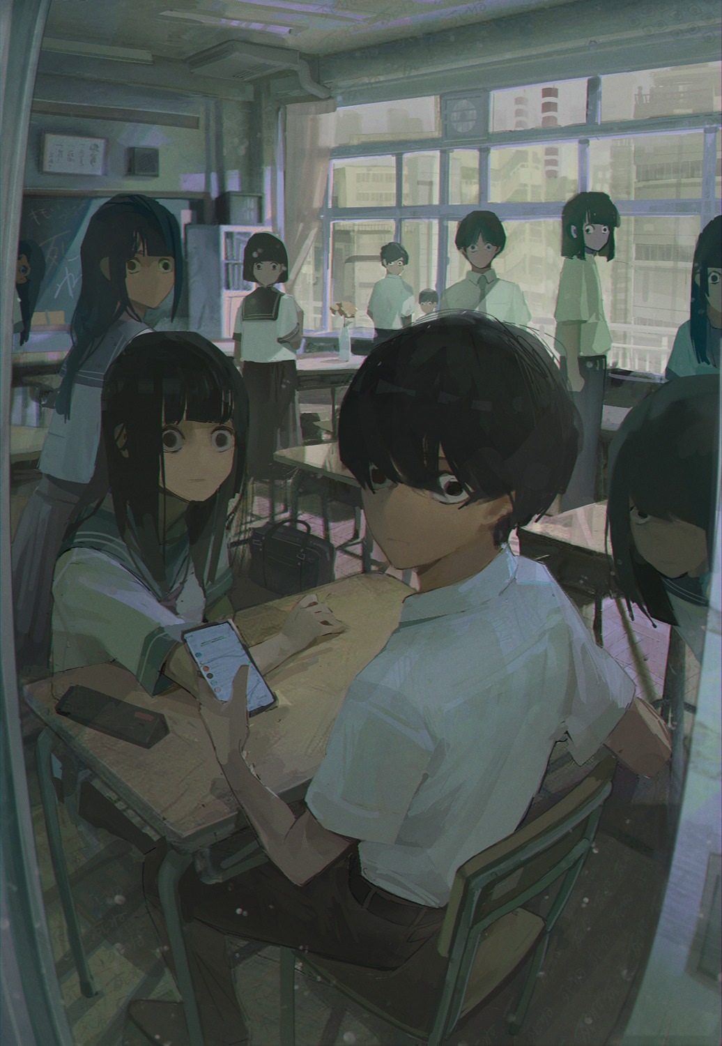 Anime school students in a classroom HD Phone Wallpaper