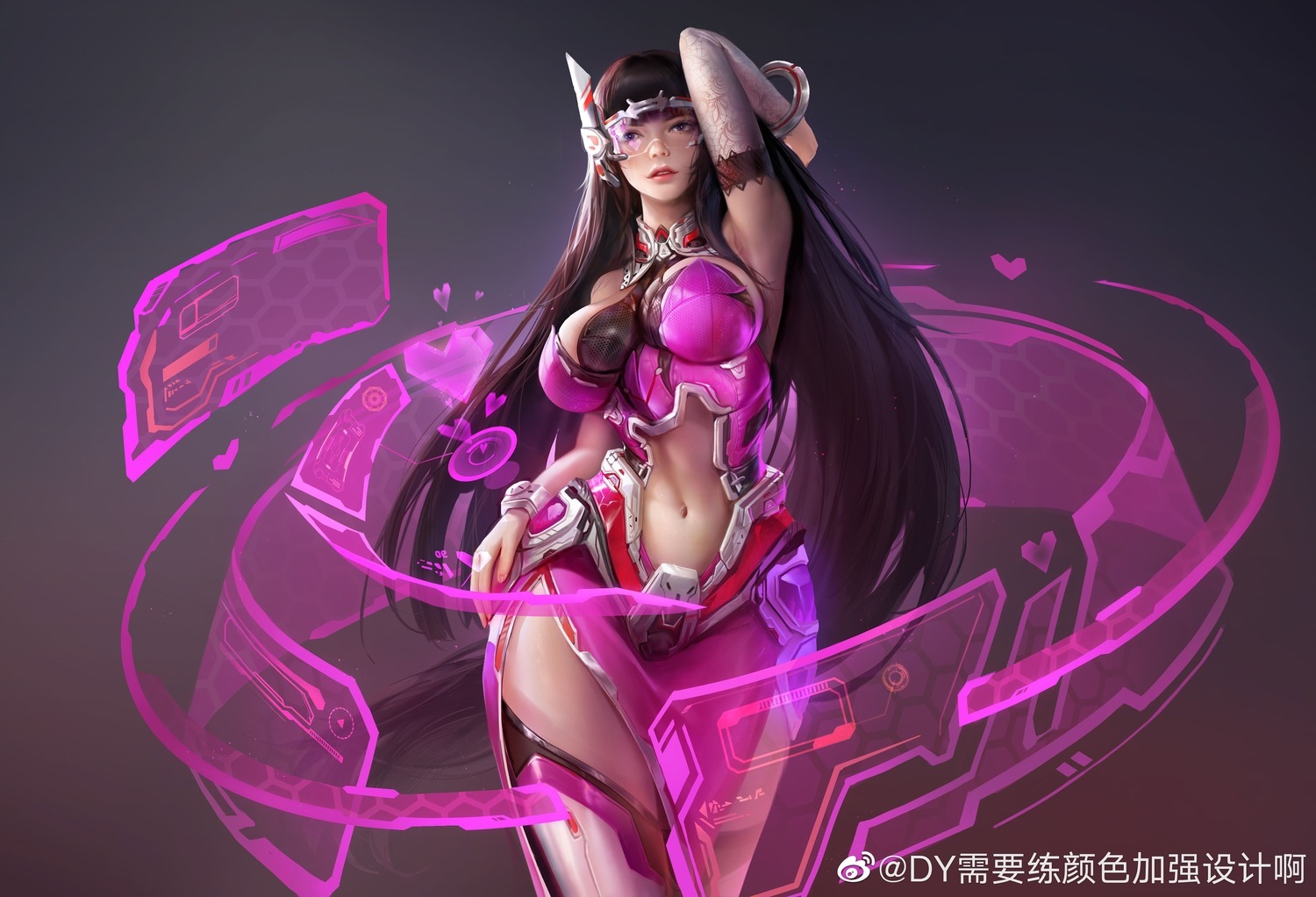 D.Va in a pink futuristic outfit with holographic displays HD Wallpaper