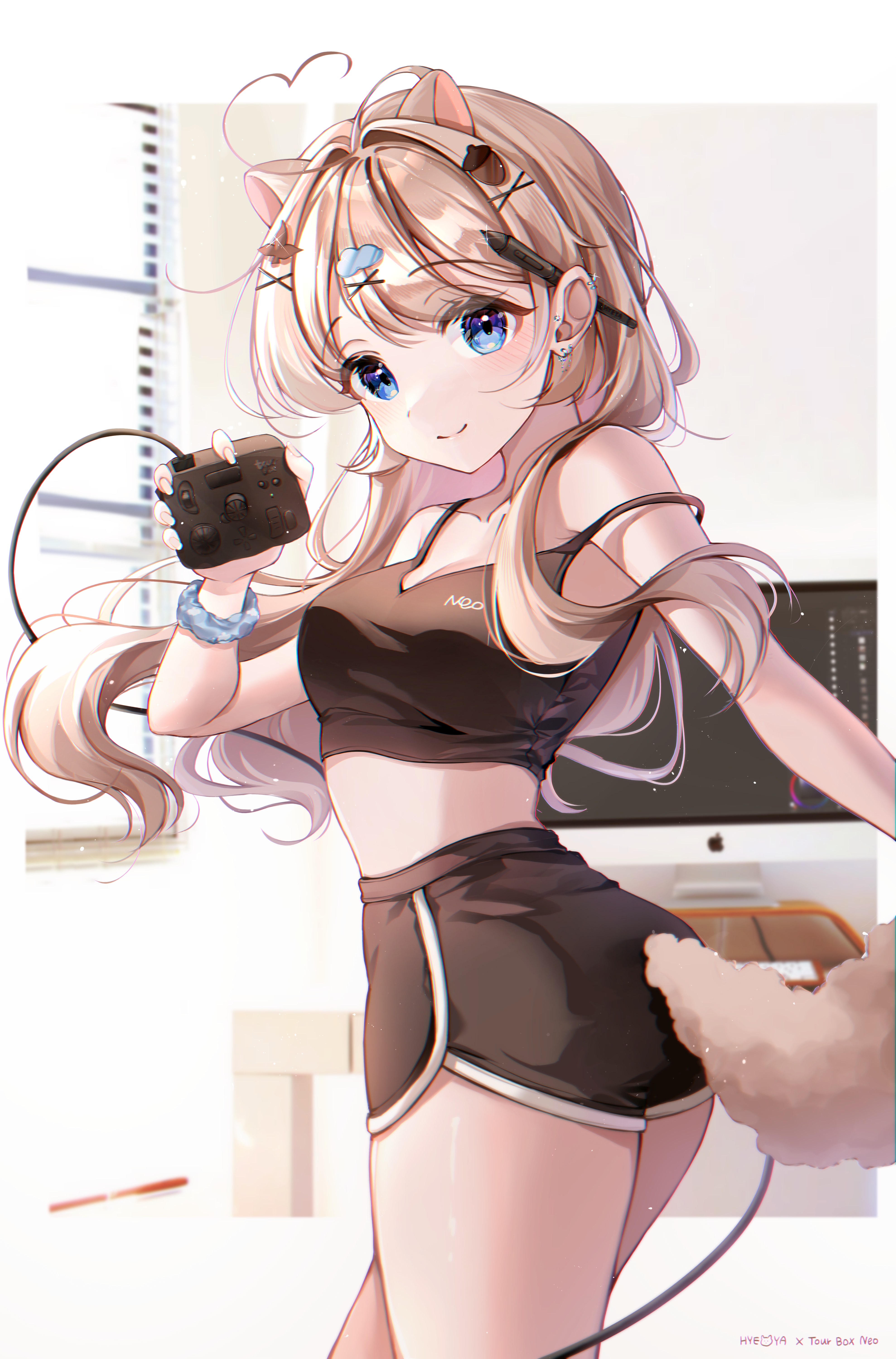 Anime girl with cat ears holding a game controller HD Phone Wallpaper