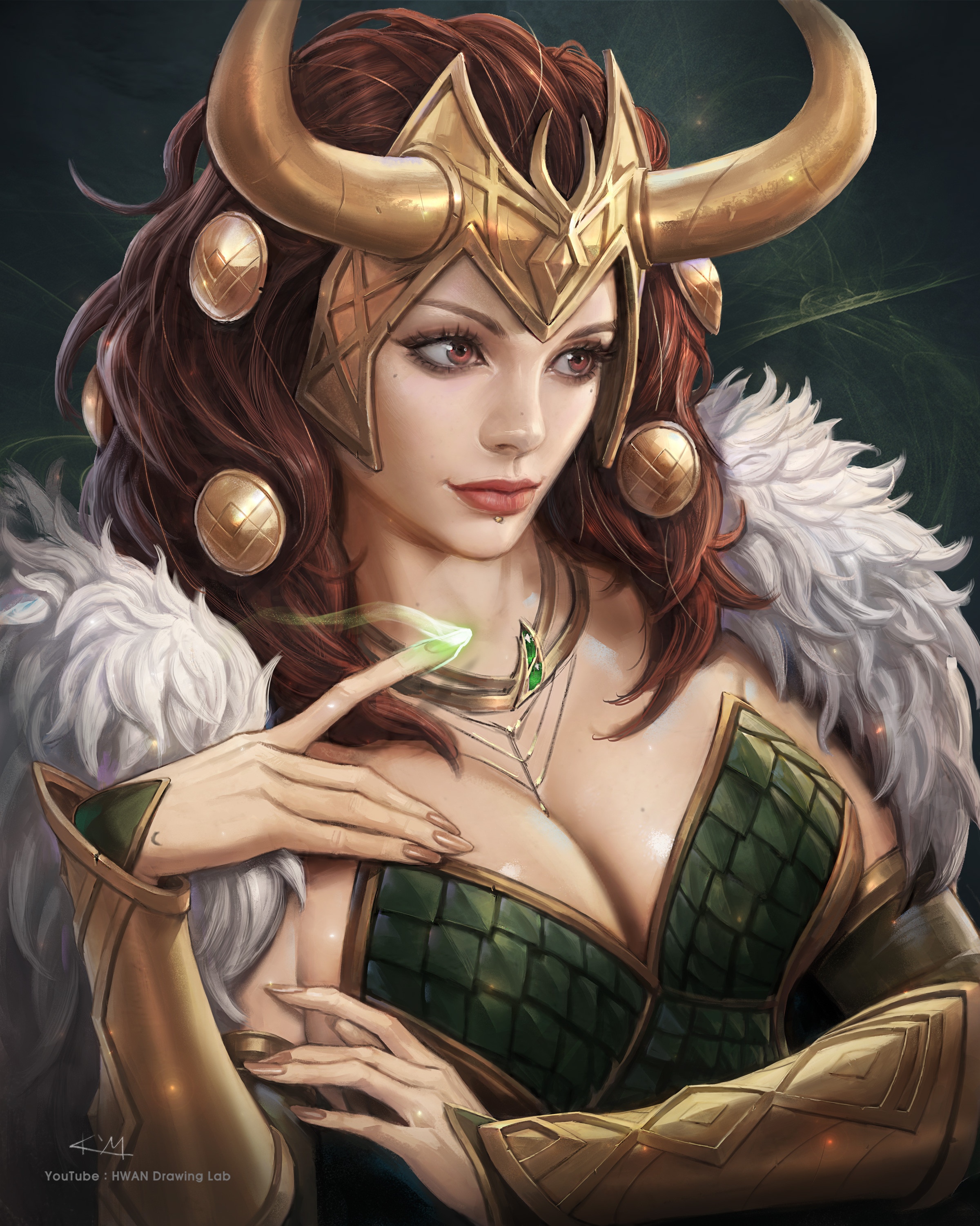 Female Loki with Golden Horns and Green Outfit HD Phone Wallpaper