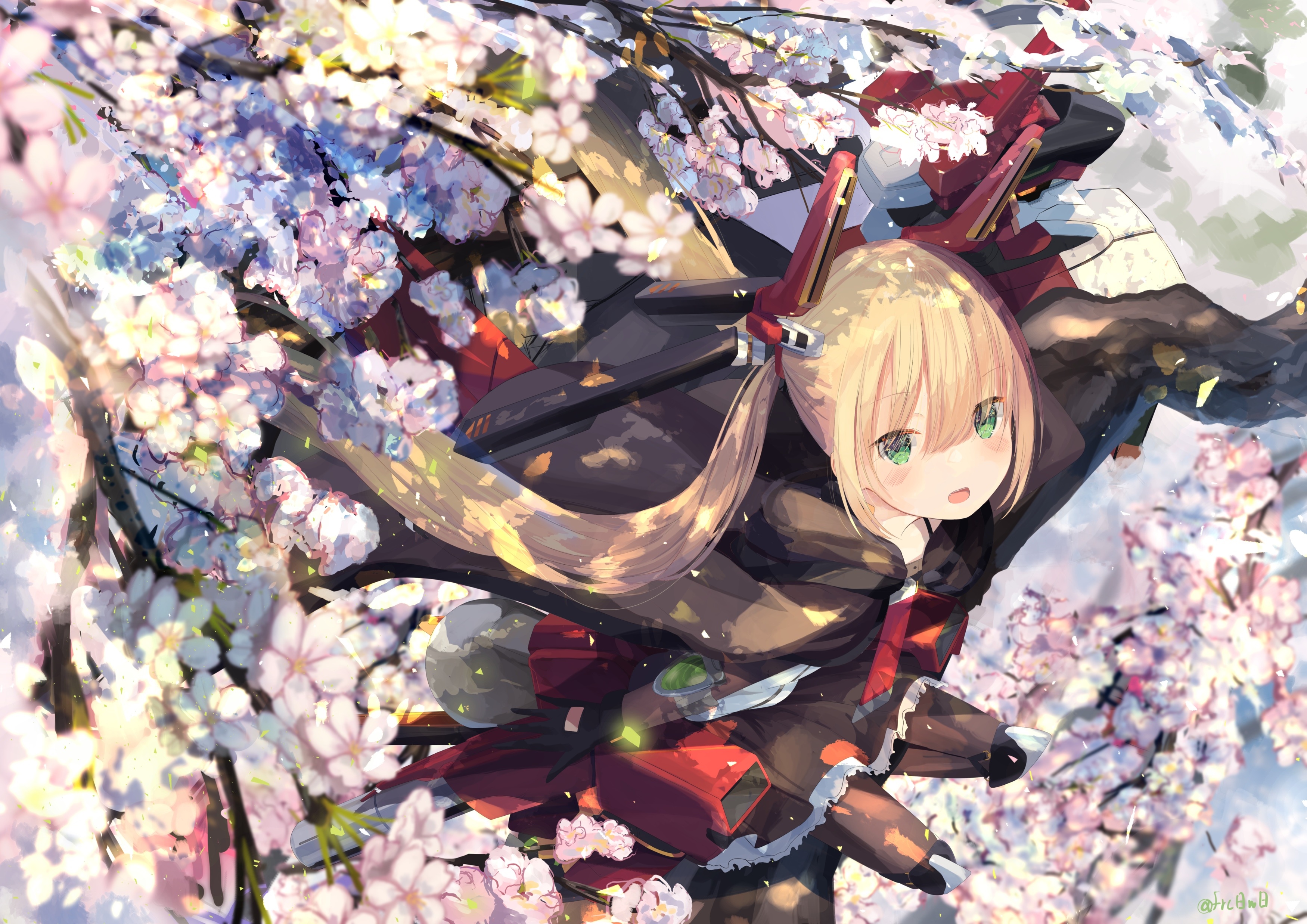 Girl with green eyes and blonde hair among cherry blossoms HD Wallpaper