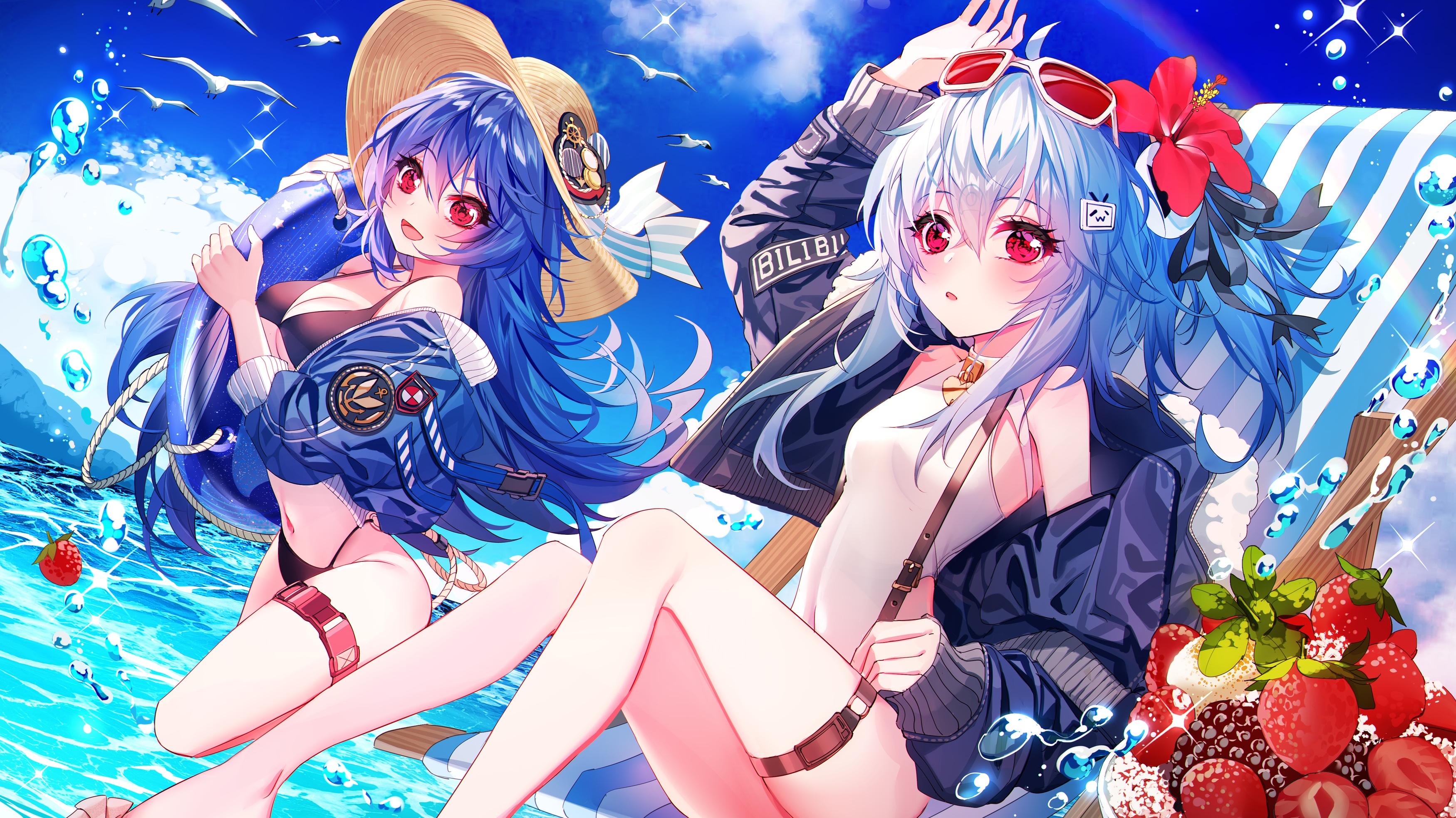 Two anime girls with blue hair at the beach HD Wallpaper