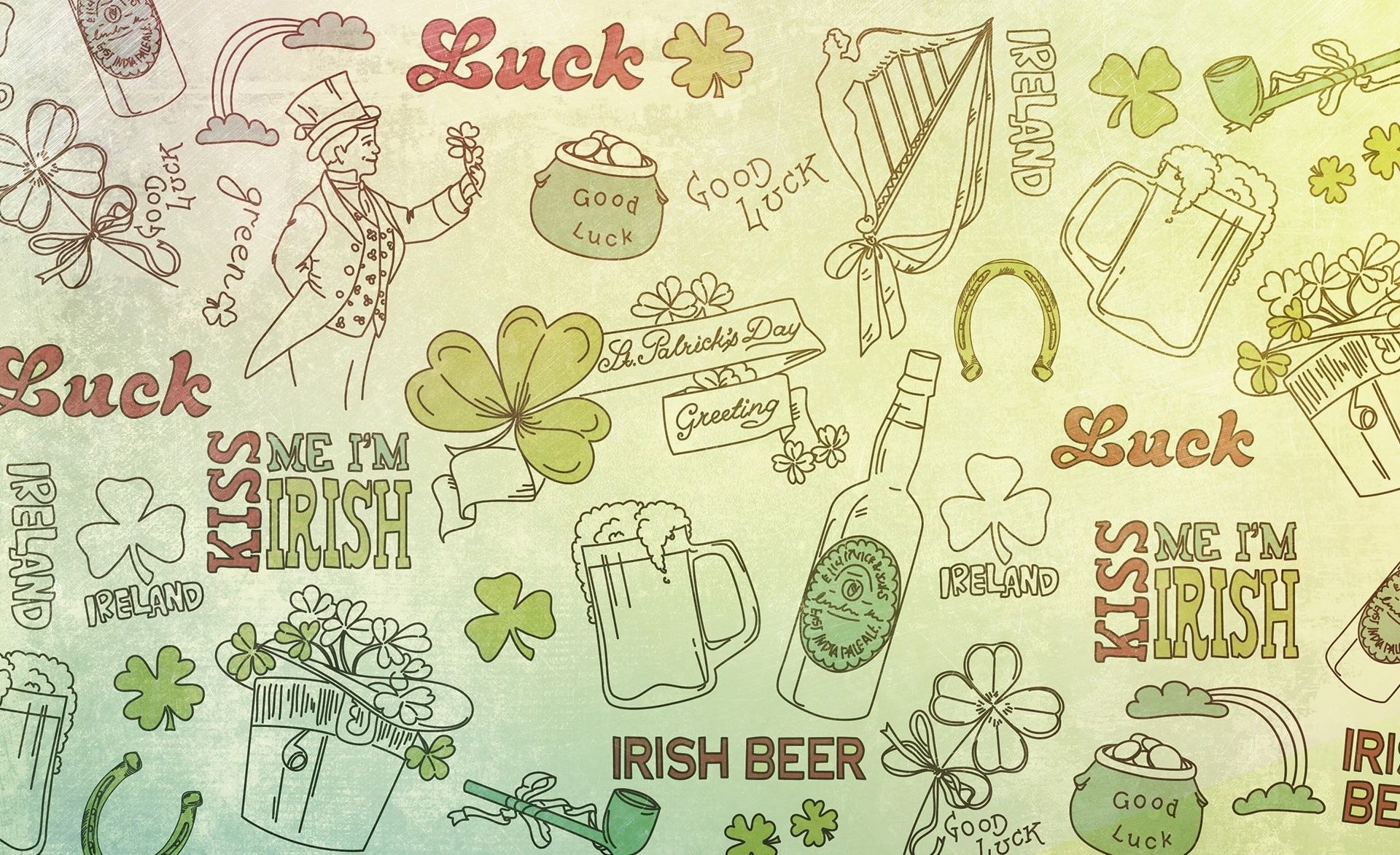 St. Patrick's Day Irish Luck and Beer Doodle Pattern HD Wallpaper