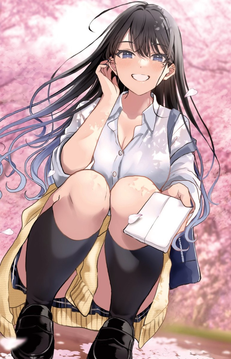 Girl with dark hair and blue eyes in school uniform HD Phone Wallpaper