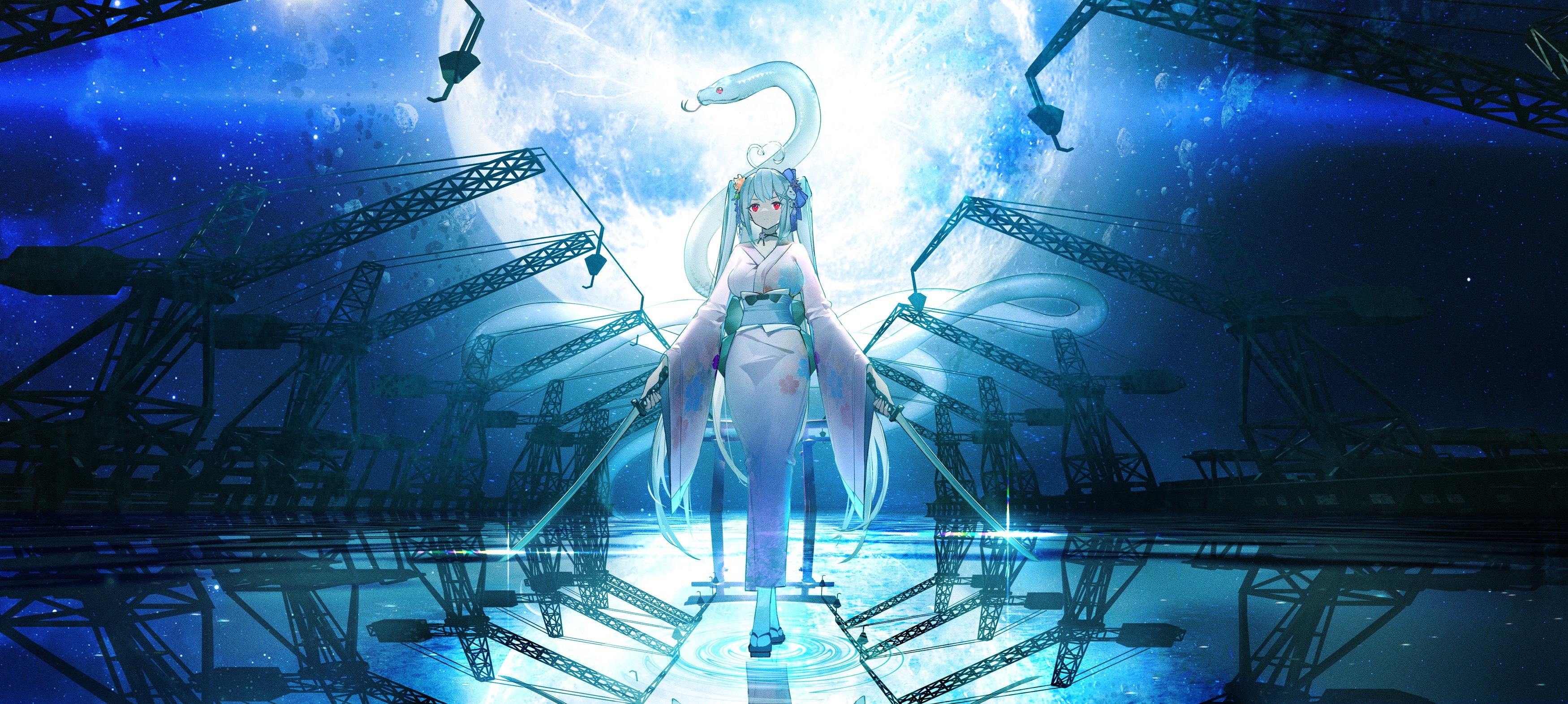 Niliu Chahui with snake and cranes in space HD Wallpaper