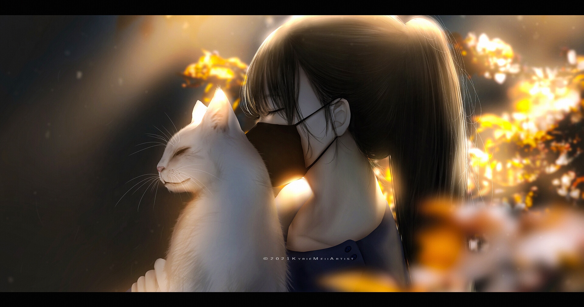 Girl in mask hugging white cat with flowers HD Wallpaper