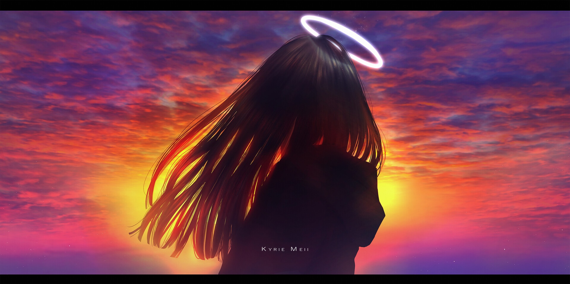 Kyrie Meii with a halo against a sunset HD Wallpaper