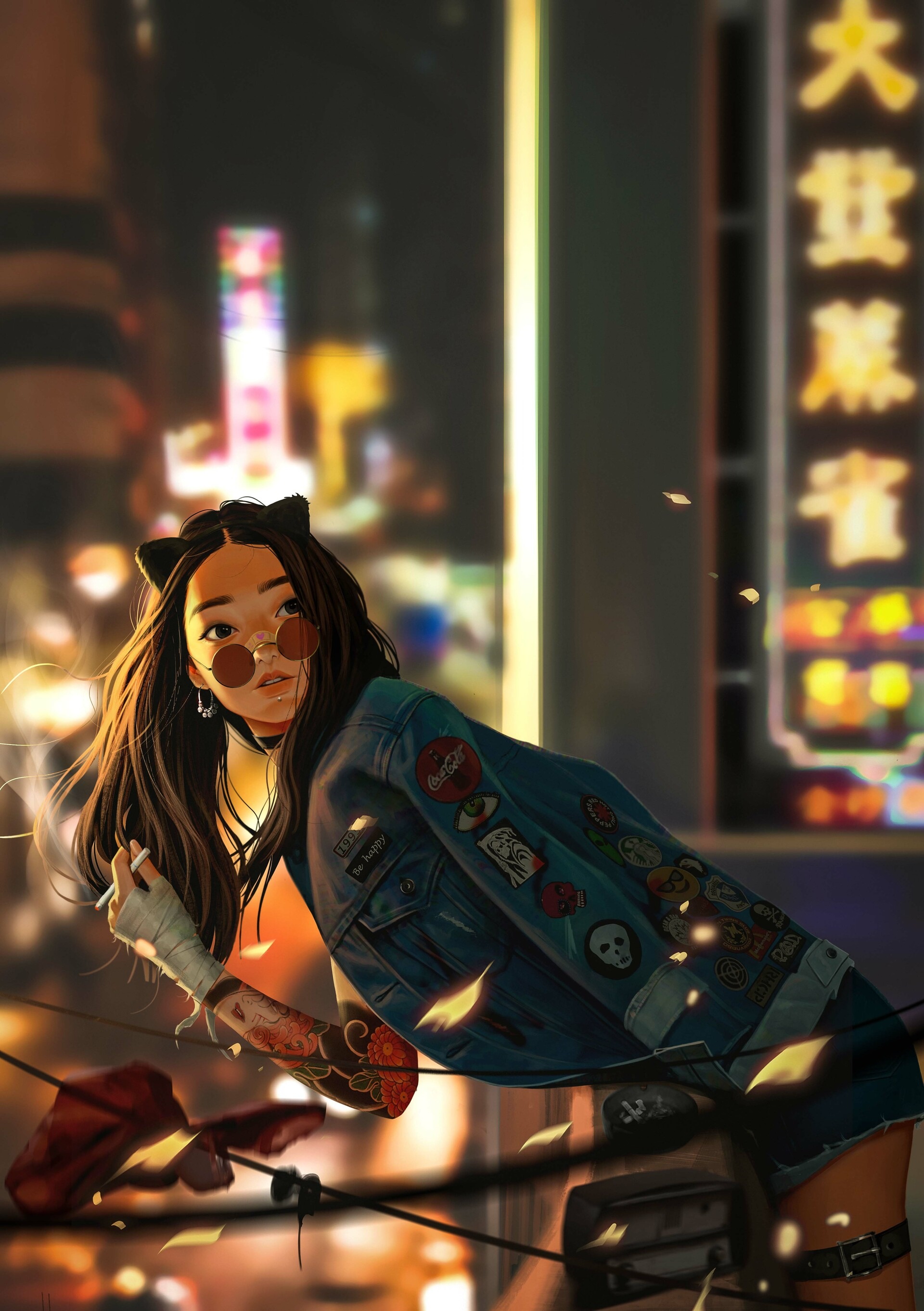 Woman with cat ears smoking in a city at night HD Phone Wallpaper