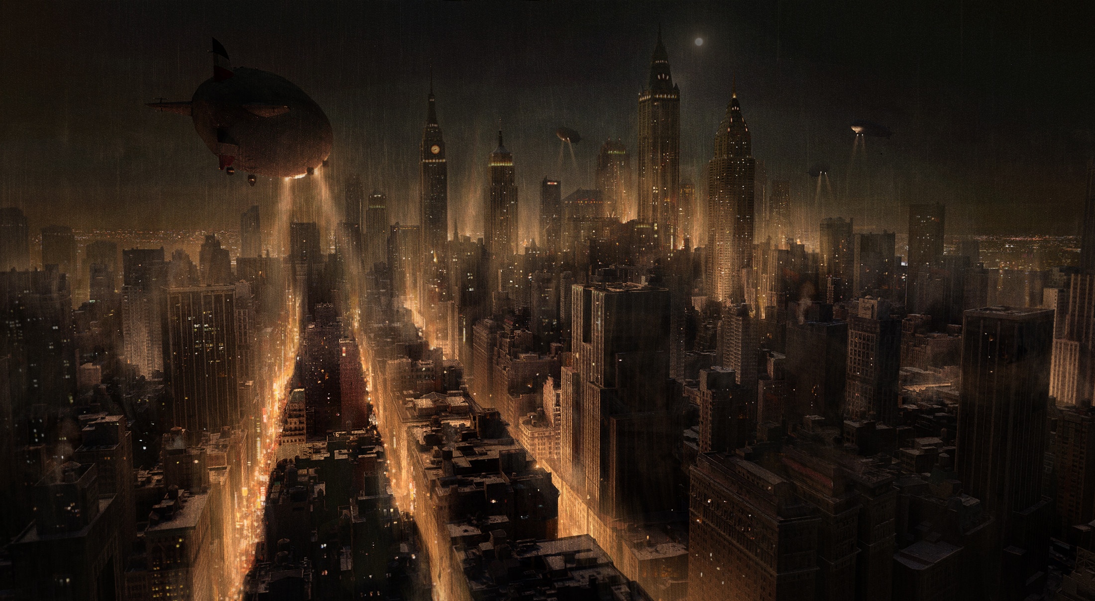 Artwork of a dark, rainy Gotham City with airships HD Wallpaper