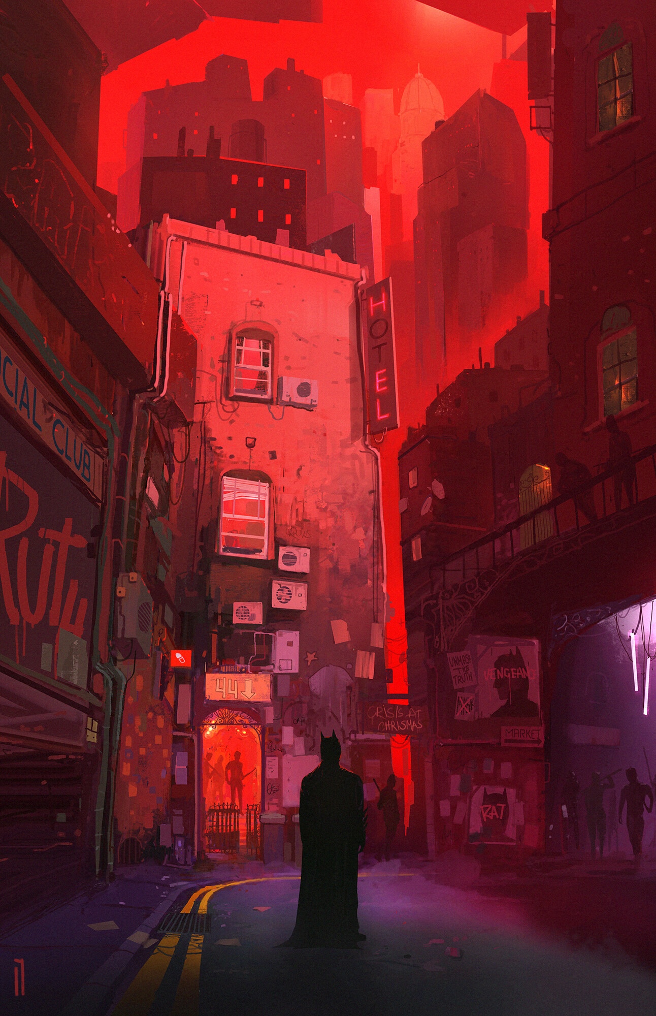 Batman in a red, gritty city alley HD Phone Wallpaper