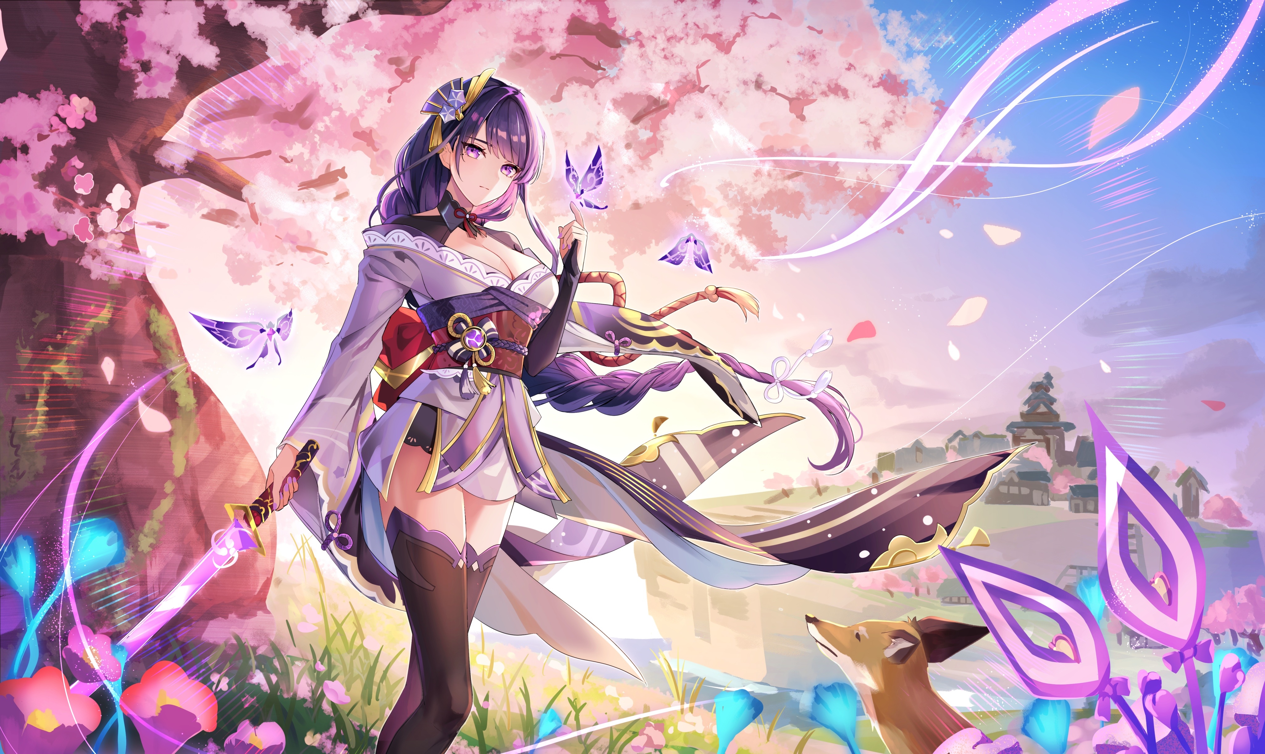 4K Raiden Shogun with sword and cherry blossoms HD Wallpaper