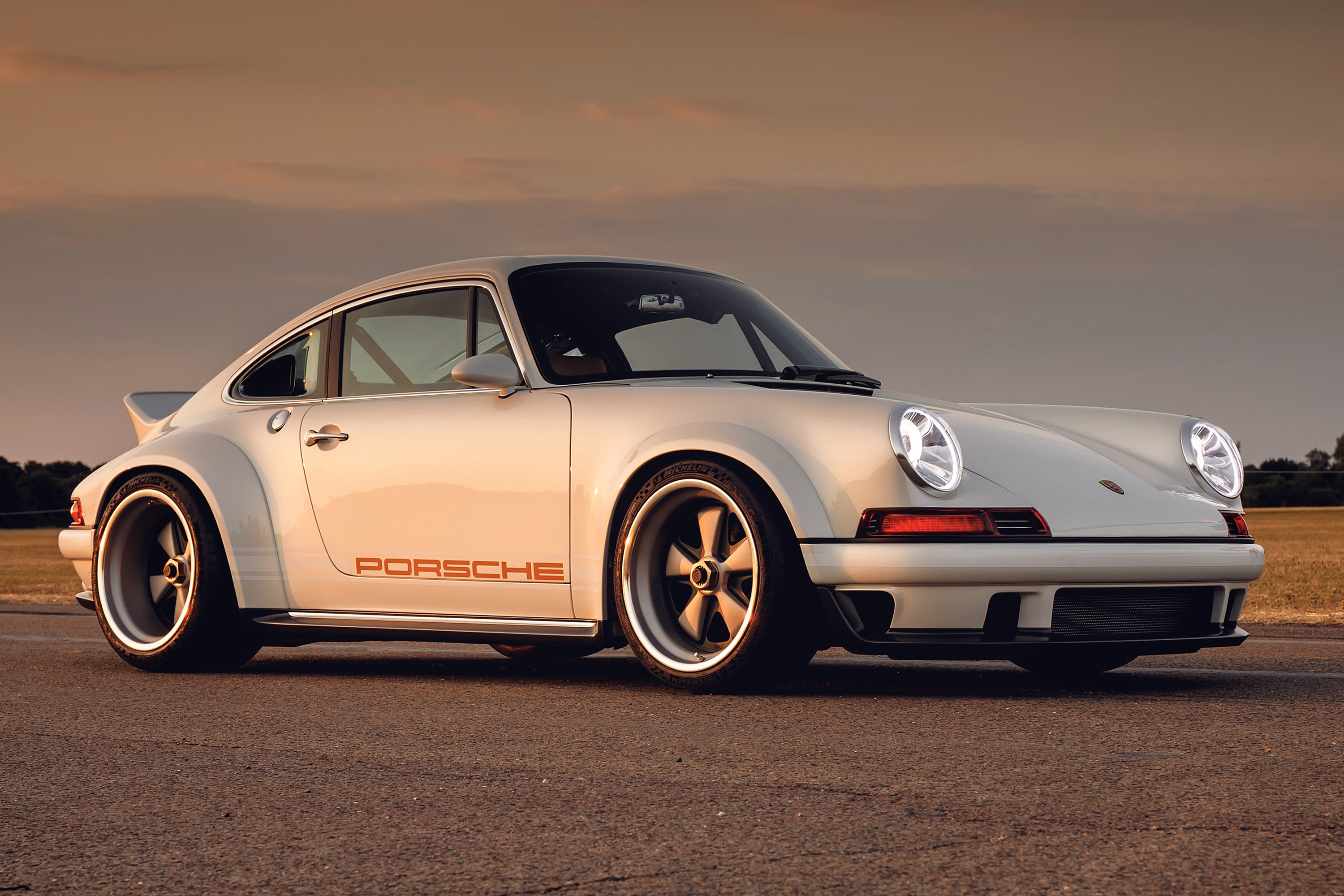 White Porsche 911 Singer sports car at sunset HD Wallpaper