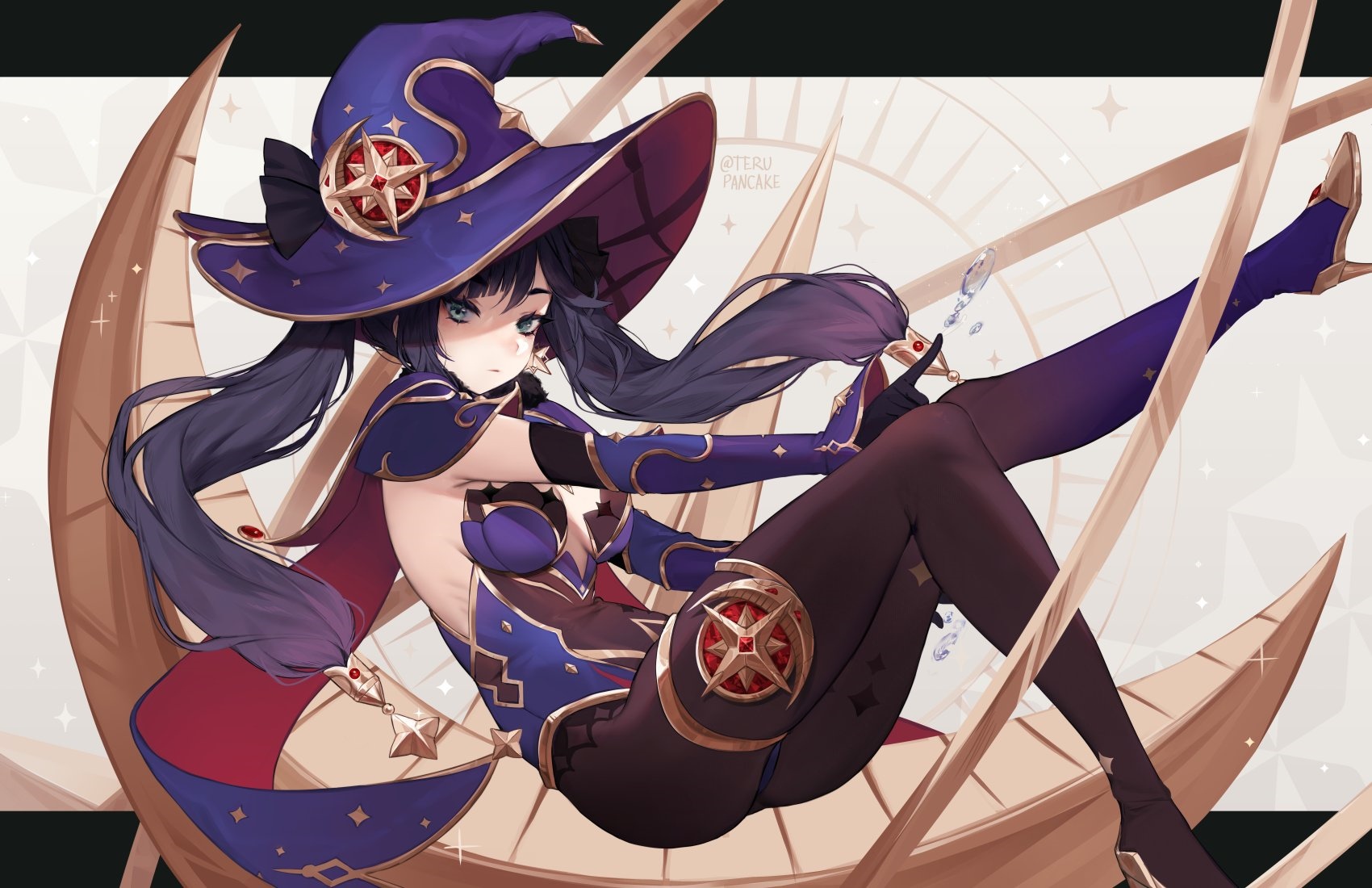 Mona from Genshin Impact on a crescent moon HD Wallpaper