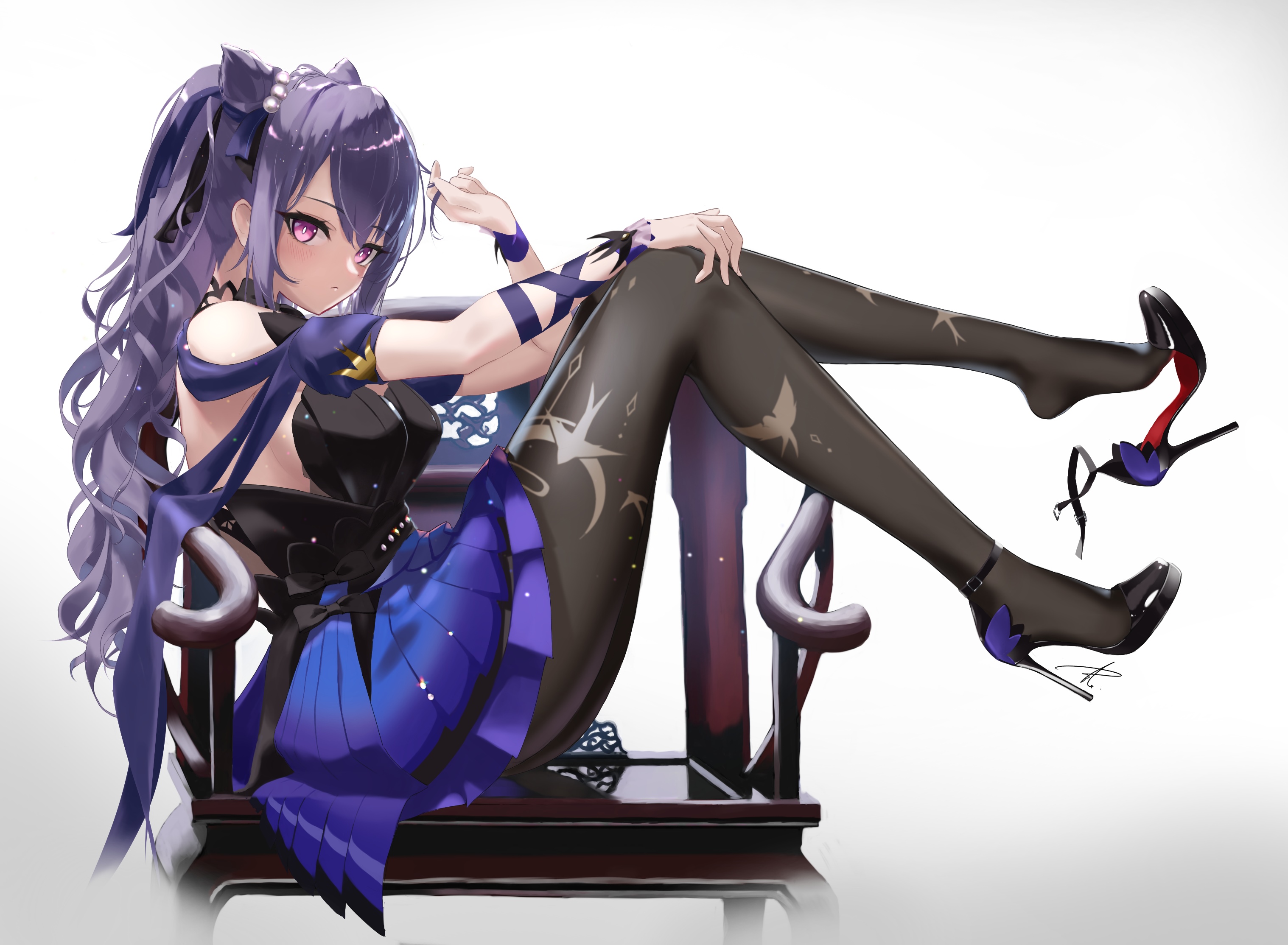 Keqing from Genshin Impact sitting on a chair HD Wallpaper