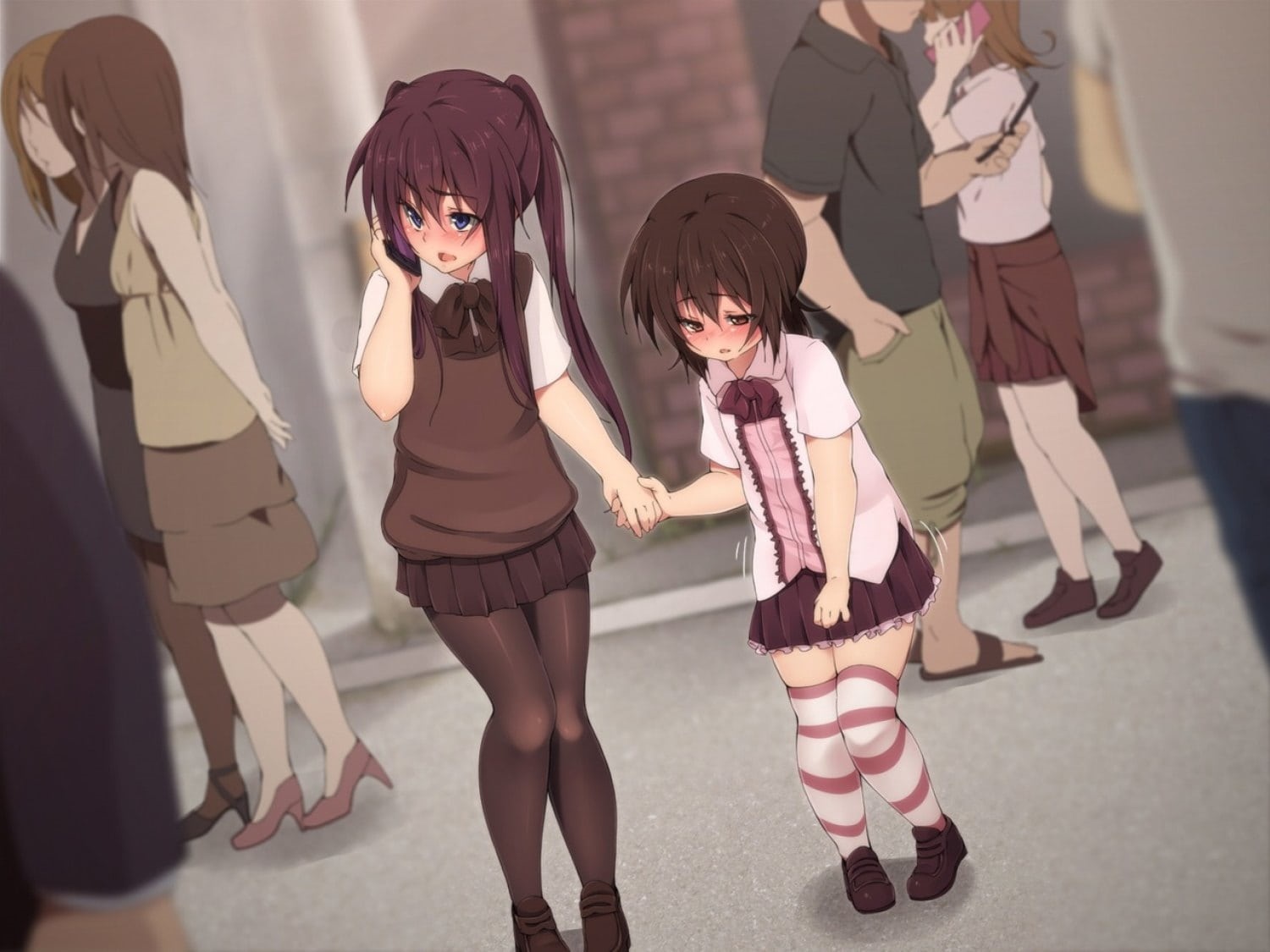 Two anime girls walking and talking on the phone HD Wallpaper