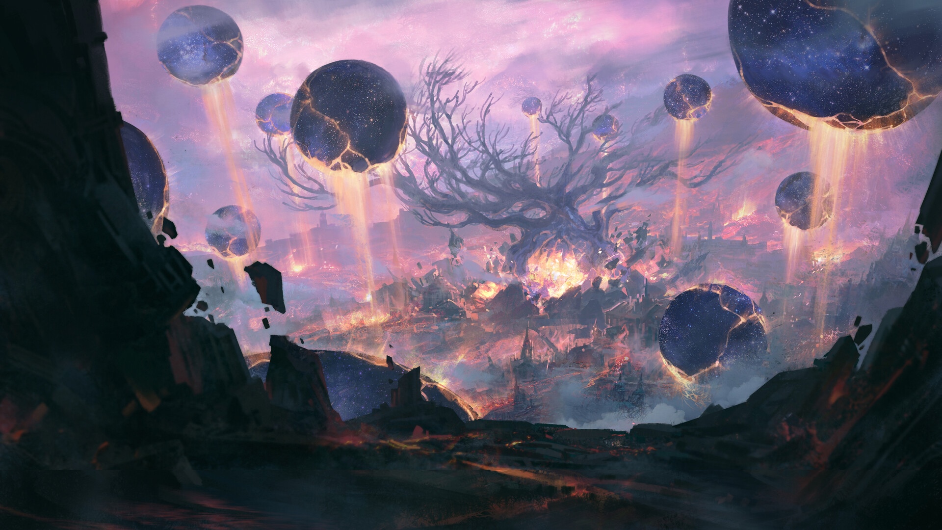 Fantasy landscape with floating celestial orbs and a burning city HD Wallpaper