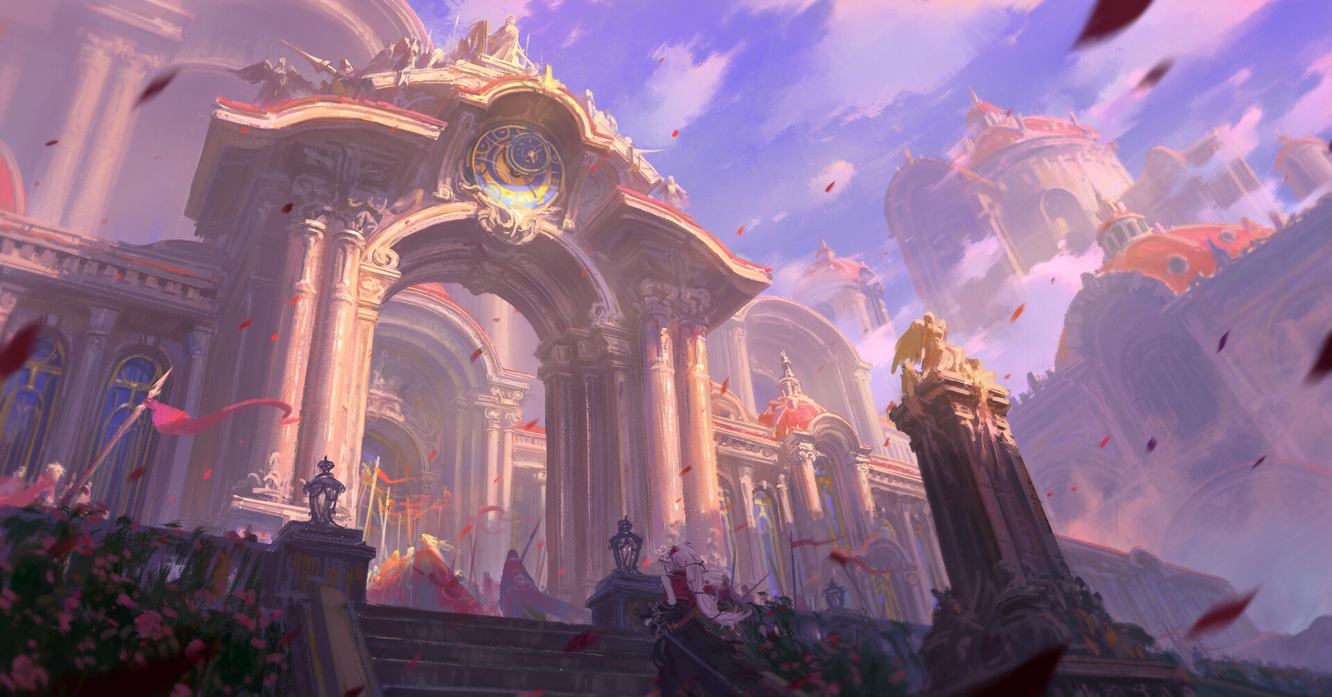 Fantasy architecture with a large clock and red banners HD Wallpaper