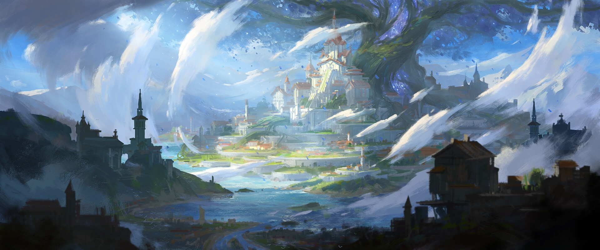 Fantasy city with a large tree and castle HD Wallpaper
