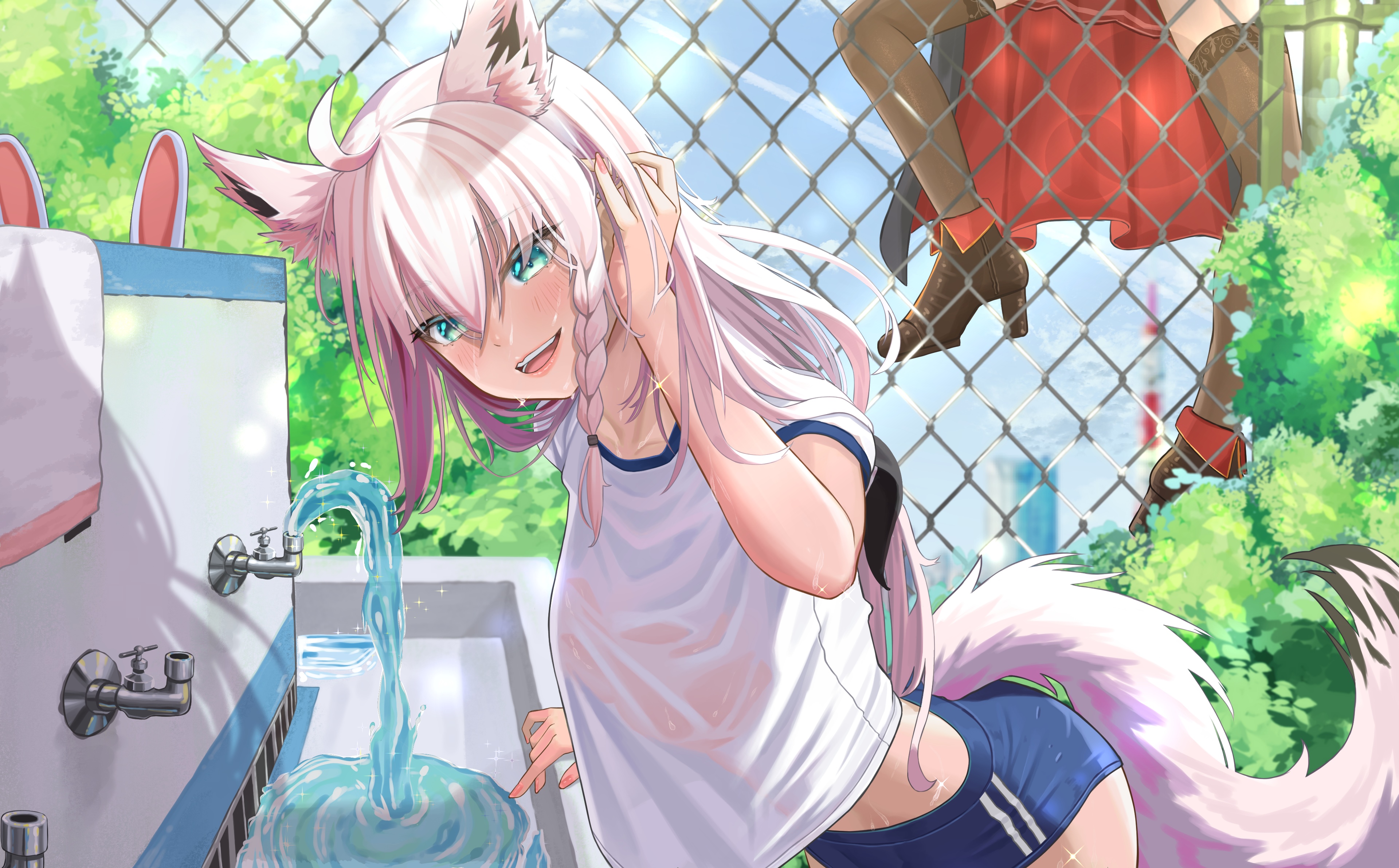Shirakami Fubuki washing her face at a sink HD Wallpaper
