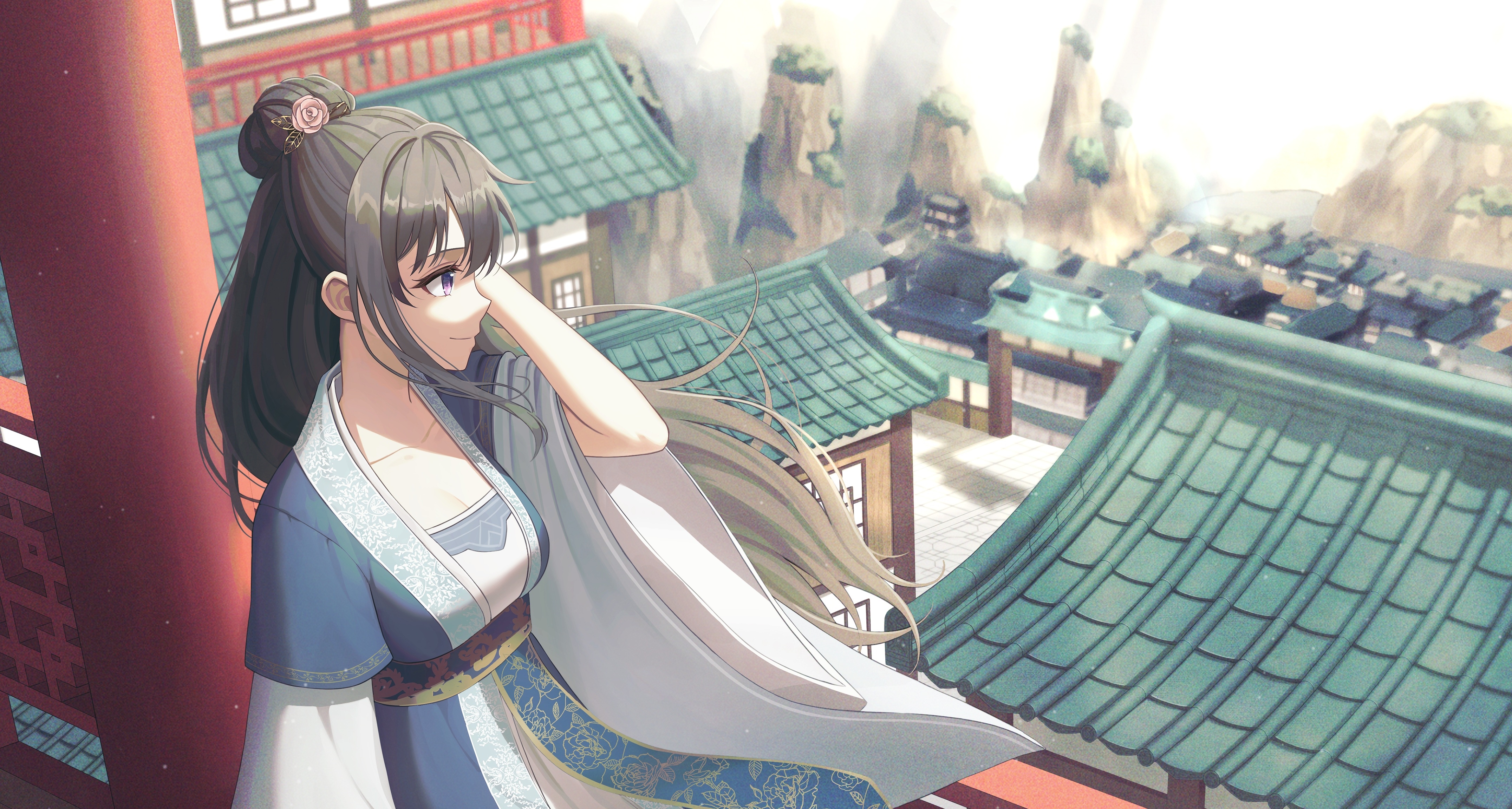Artwork of a woman in traditional Japanese clothing HD Wallpaper