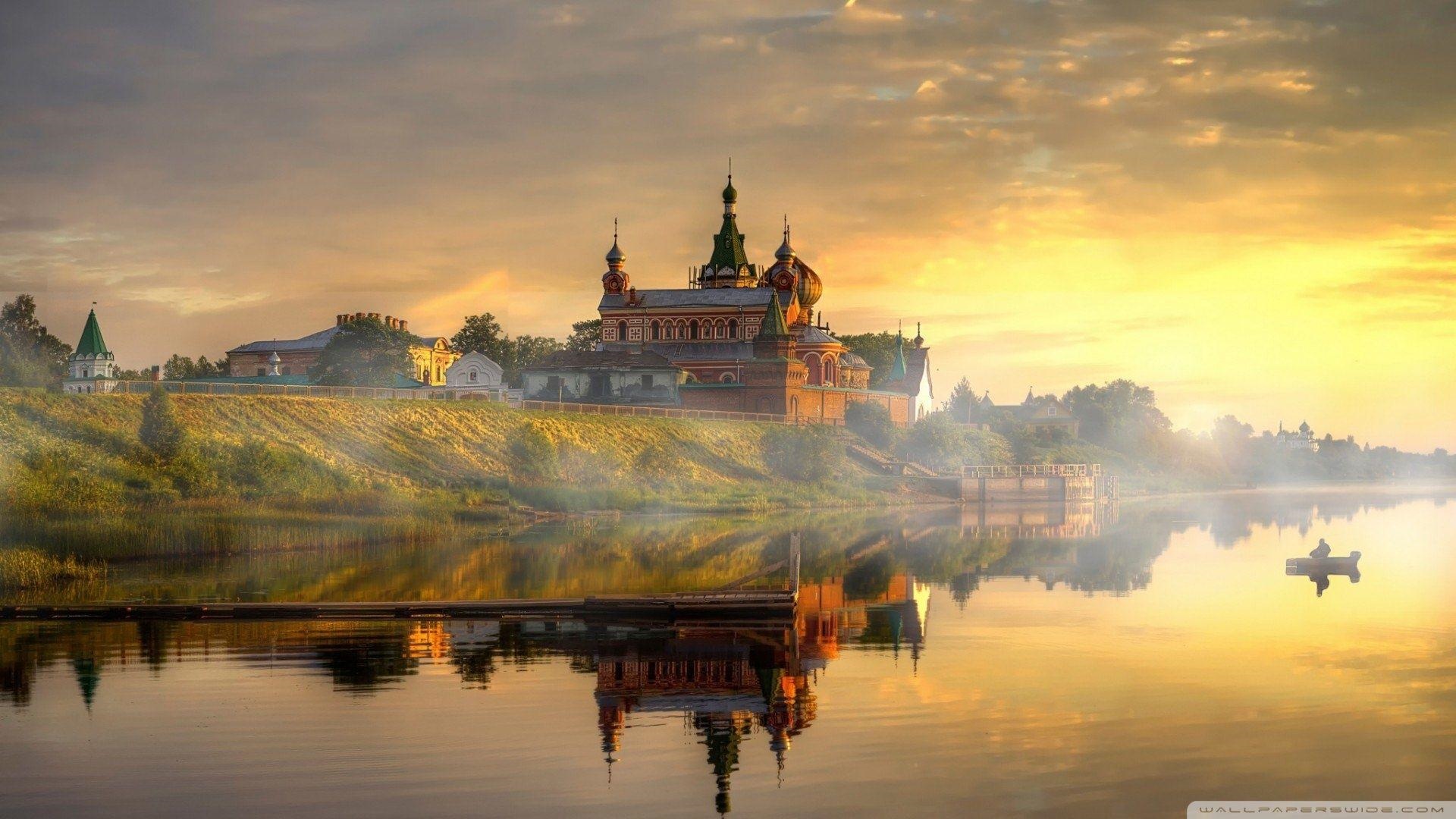 Church reflection on the river at sunrise in Russia HD Wallpaper