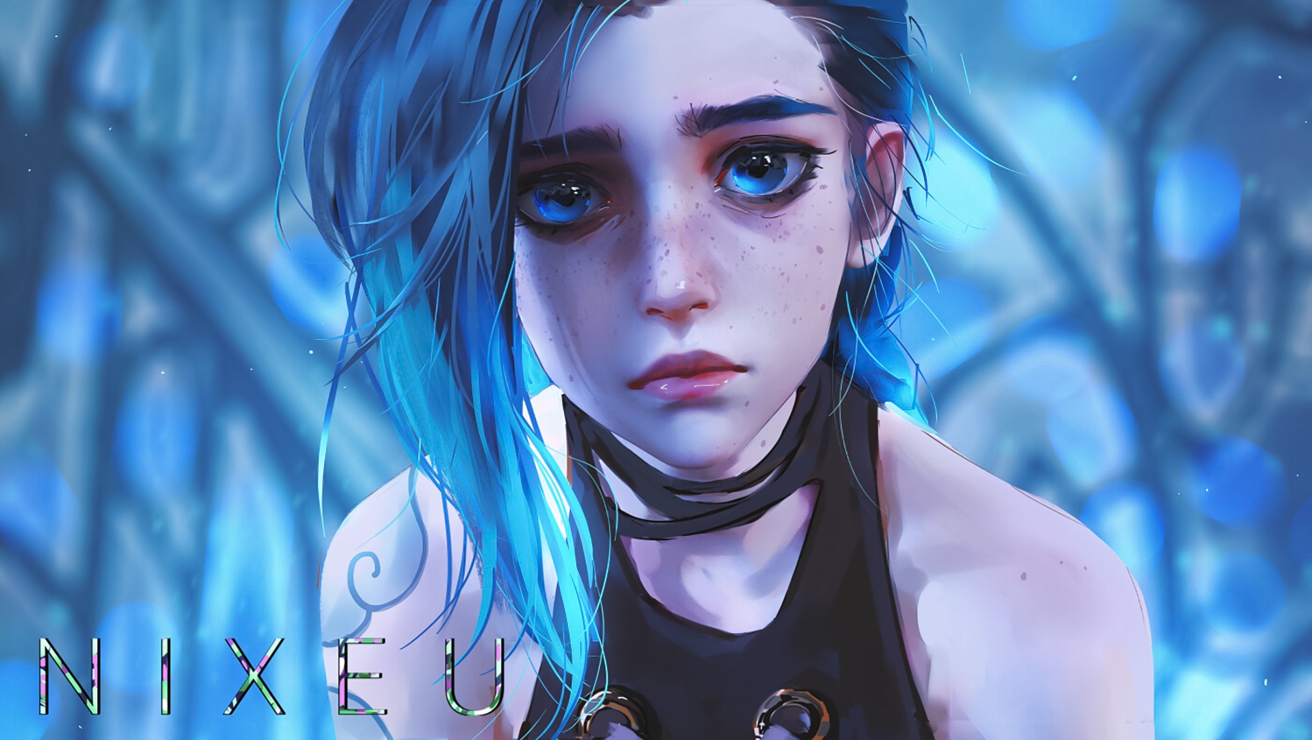 Jinx from Arcane with blue hair and eyes HD Wallpaper