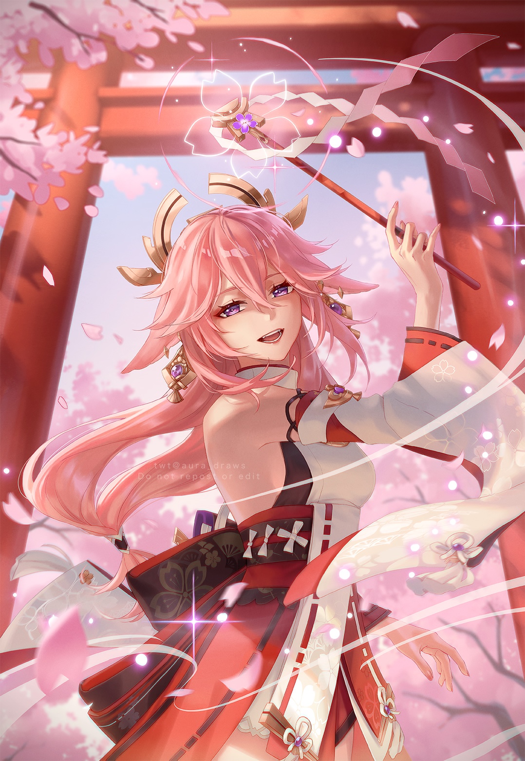 Yae Miko from Genshin Impact with pink hair and cherry blossoms HD Phone Wallpaper
