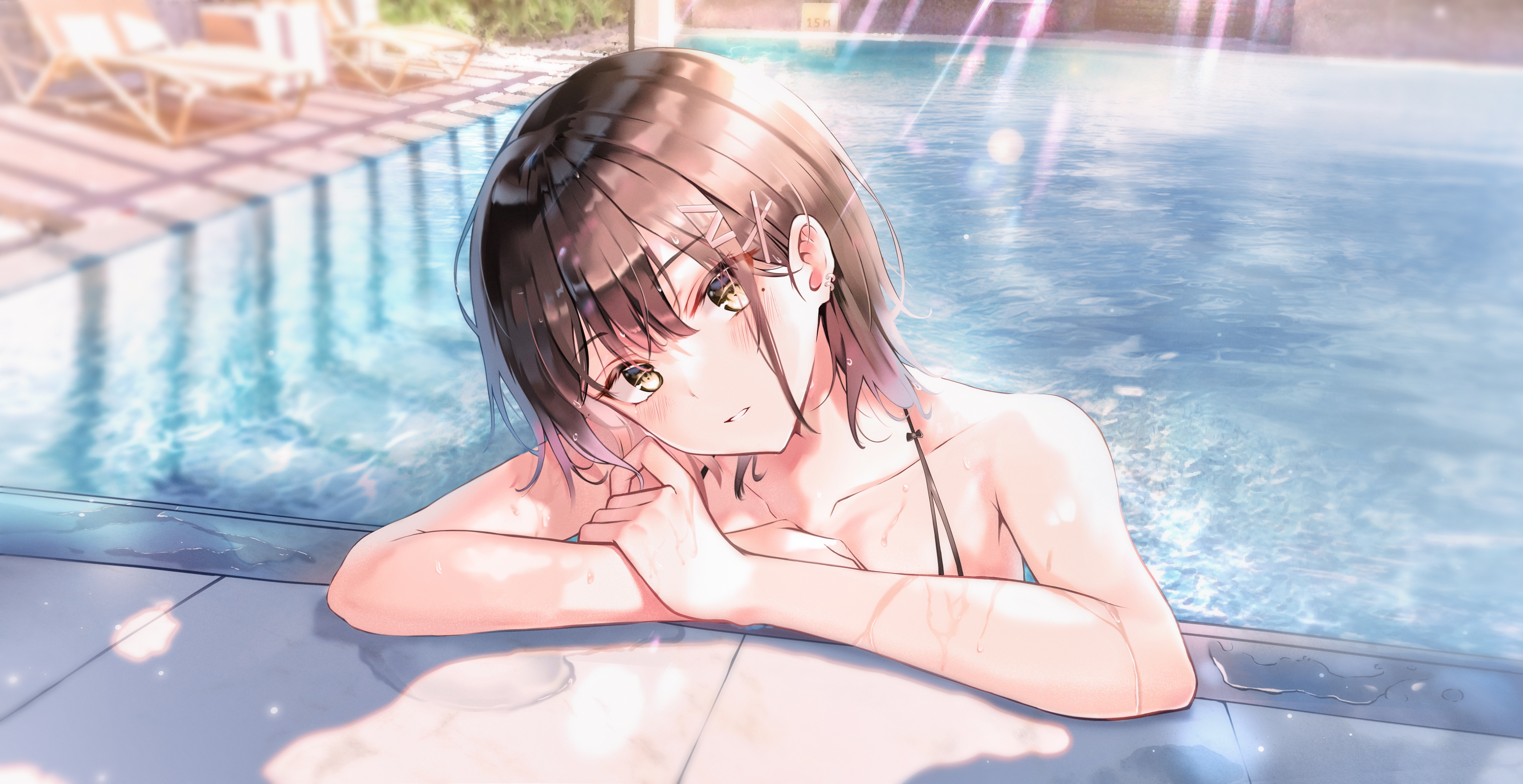4K swimming pool with a brunette girl HD Wallpaper