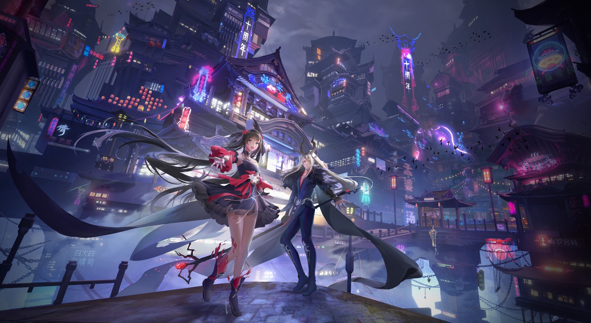 Anime characters in a futuristic Japanese city HD Wallpaper