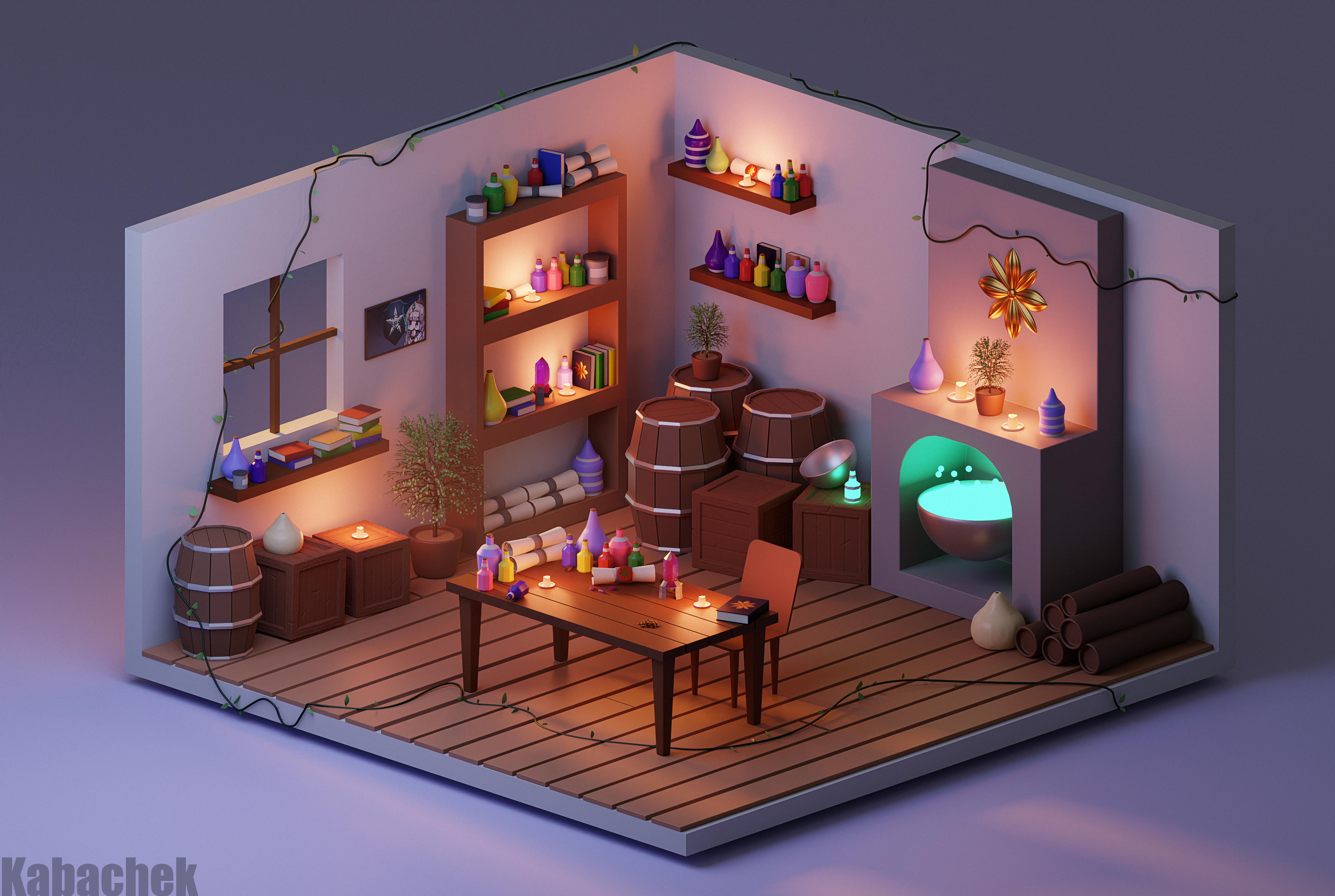4K Isometric Alchemist's Room with Potions and Fireplace HD Wallpaper