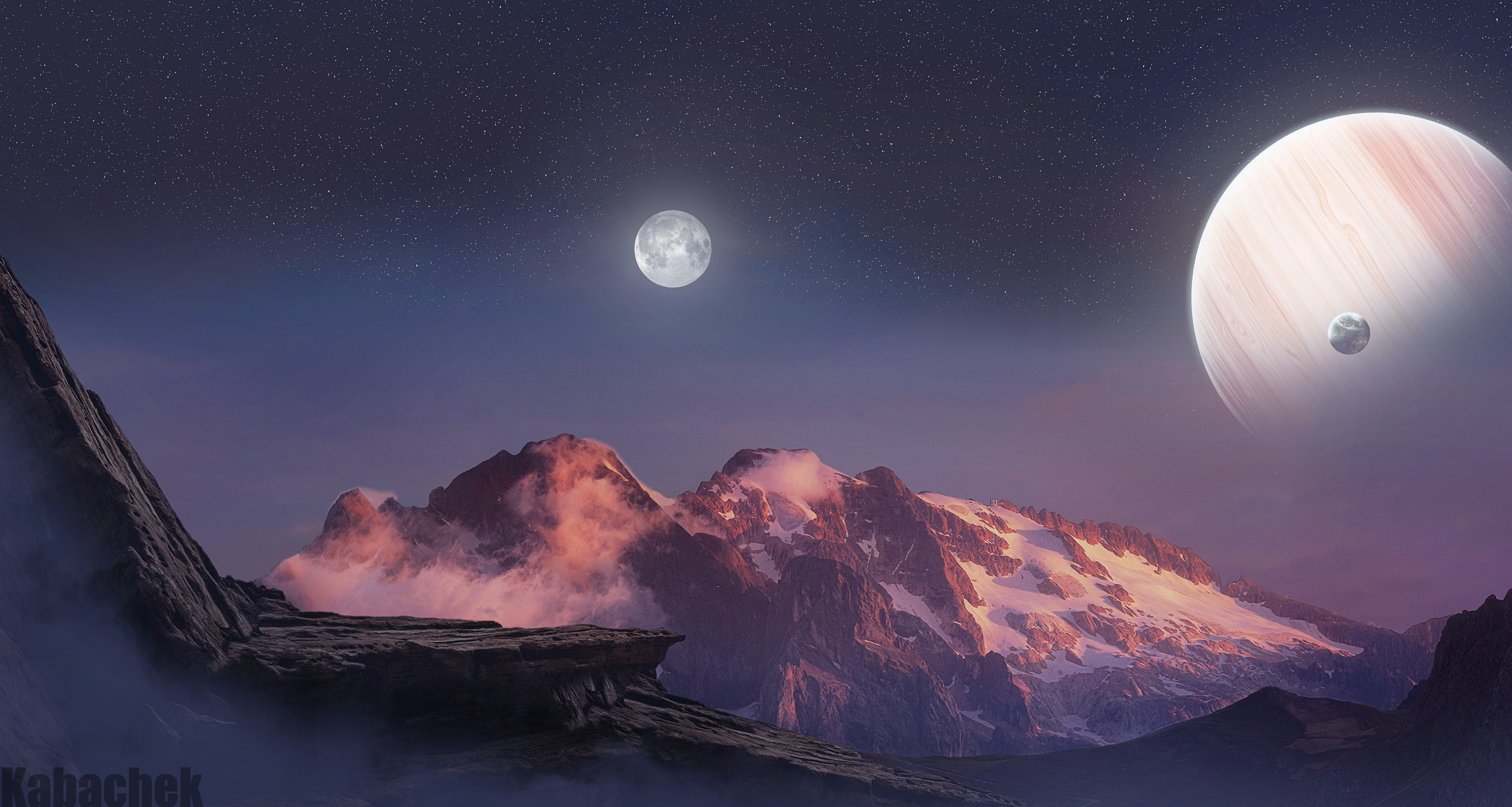 4K alien landscape with mountains, moon, and planet HD Wallpaper