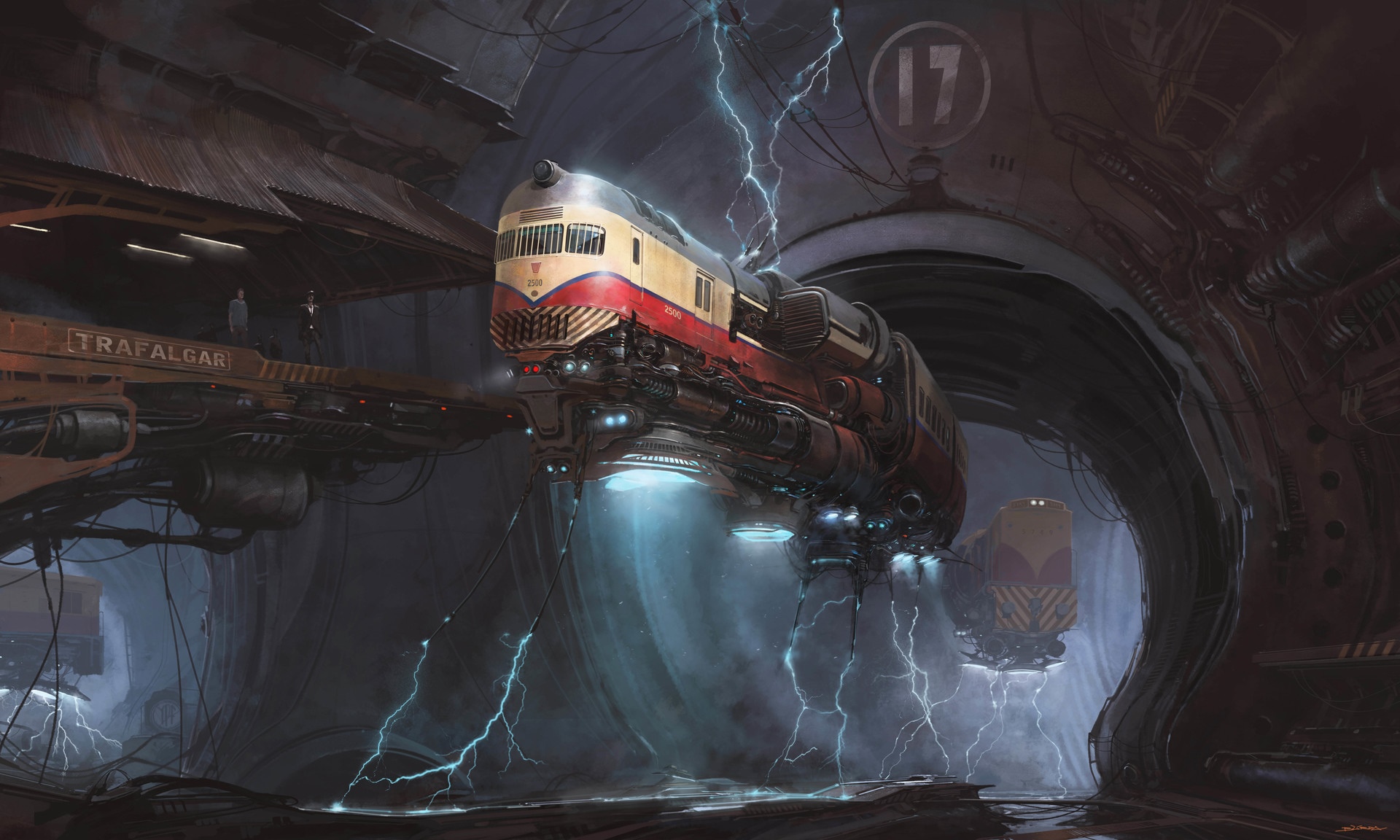 Futuristic train at Trafalgar station with lightning HD Wallpaper