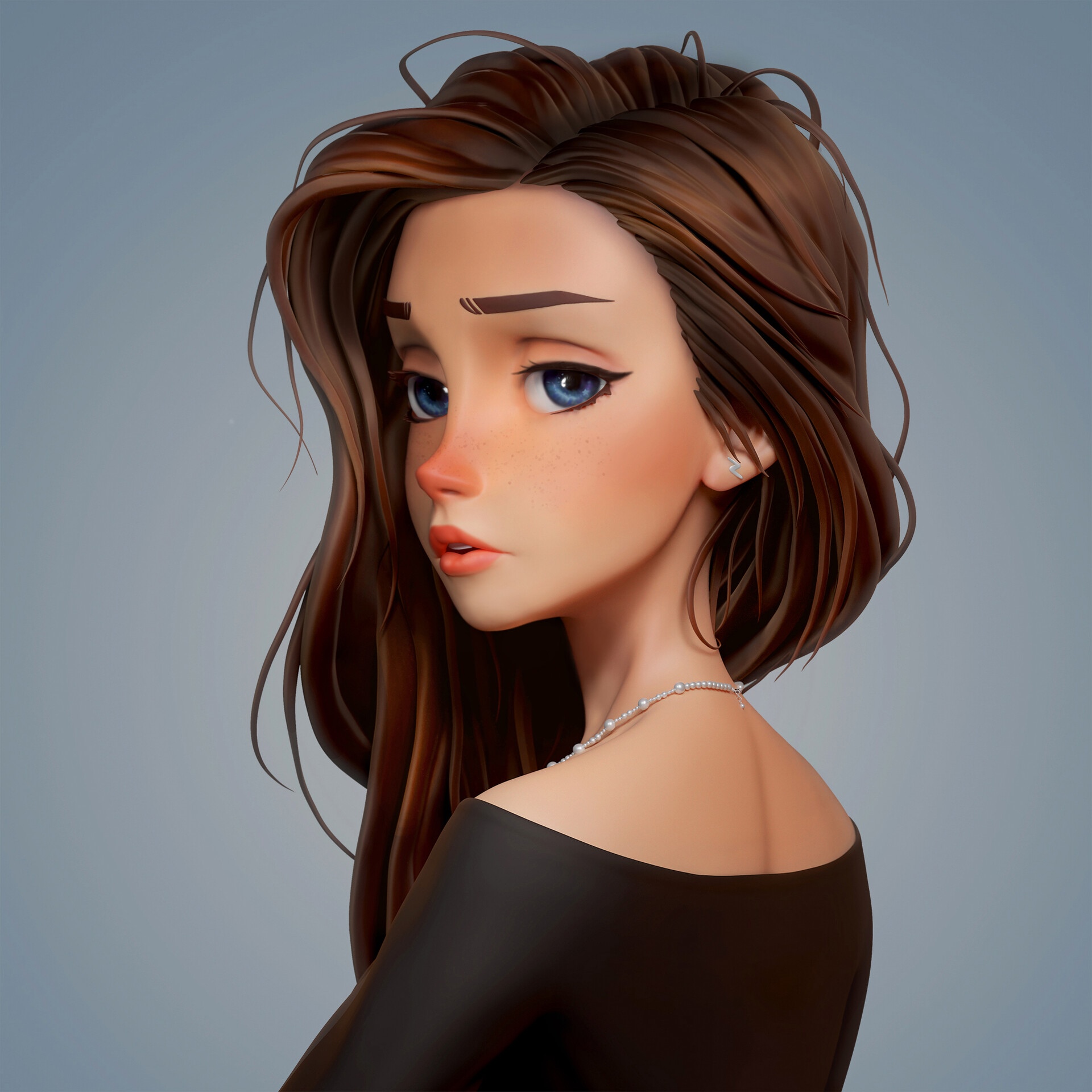Illustration of a woman with blue eyes and freckles HD Wallpaper