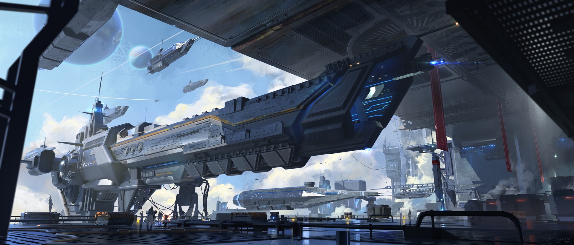 Futuristic spaceship dockyard with multiple vessels HD Wallpaper