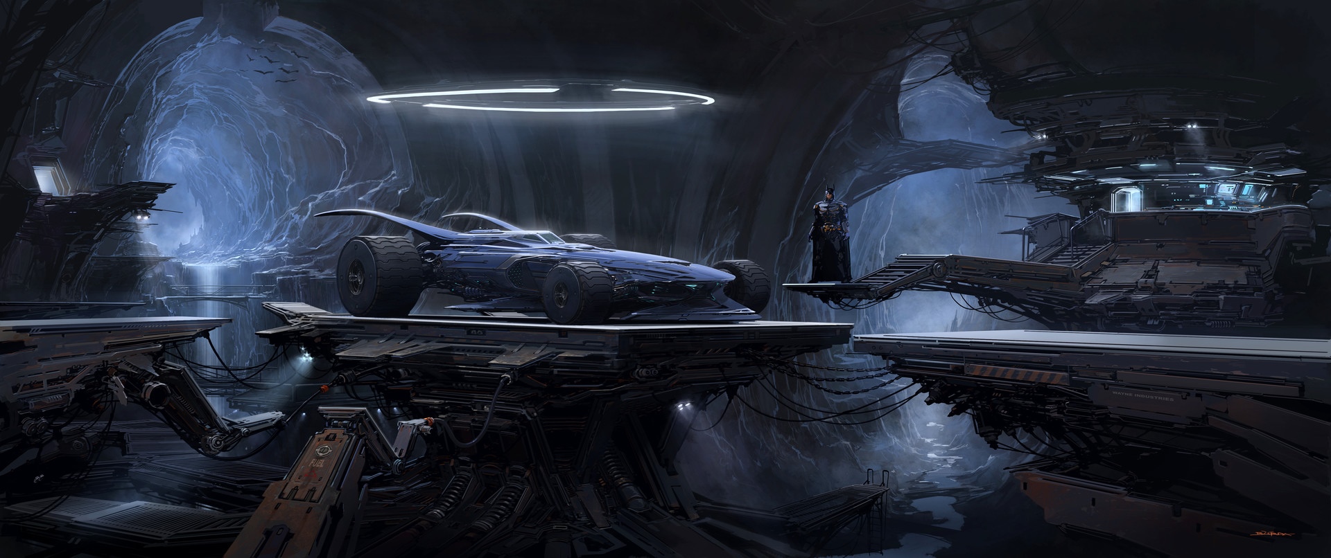 Batman and Batmobile in the Batcave concept art HD Wallpaper