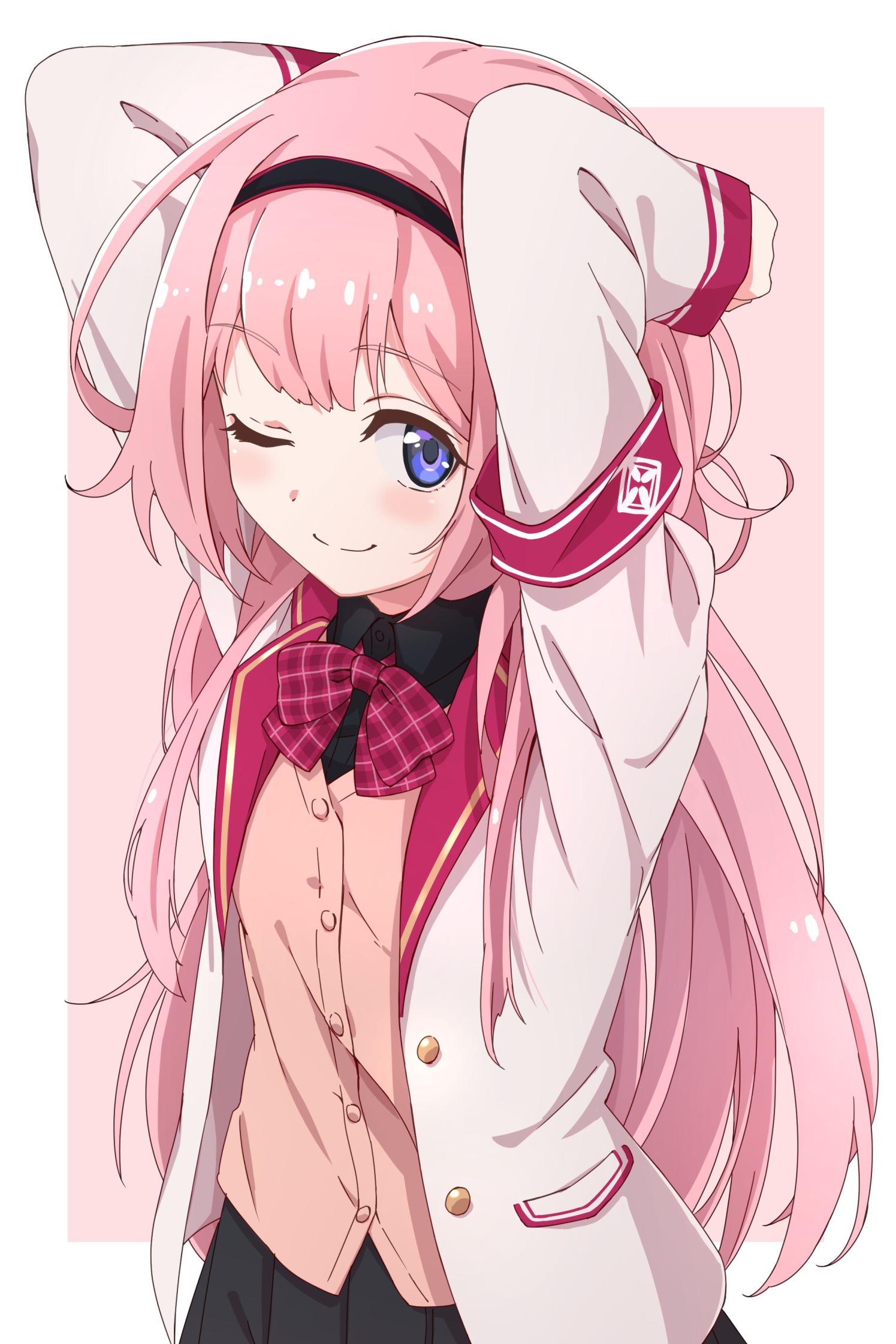 Virtual Youtuber with pink hair and purple eyes winks HD Phone Wallpaper