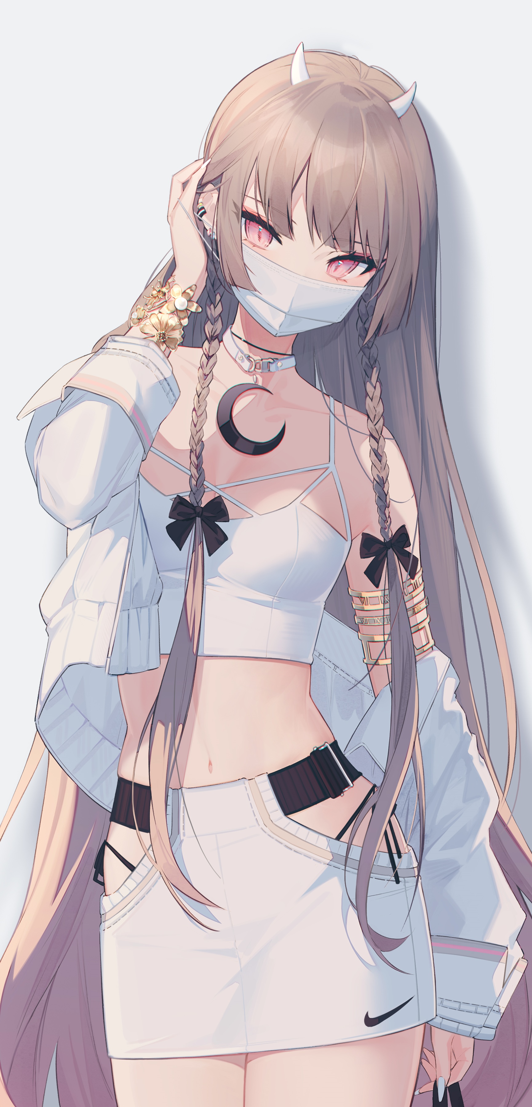 Anime girl with horns and mask wearing a crop top and skirt HD Phone Wallpaper