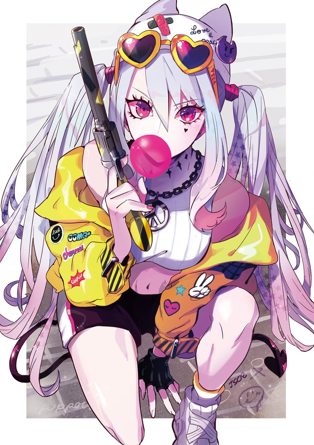 Anime girl with gun and bubblegum HD Phone Wallpaper
