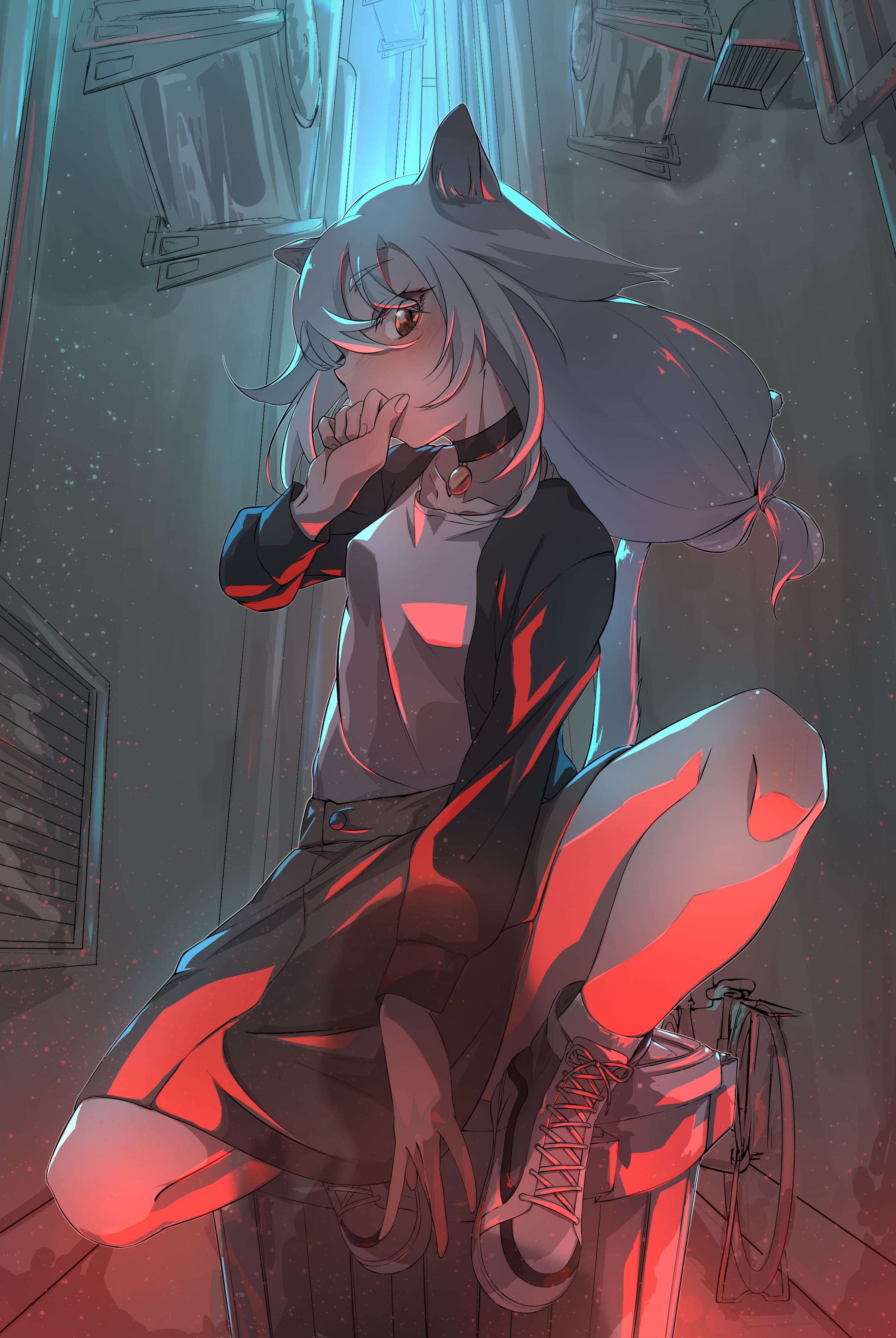 Anime girl with animal ears in an alleyway HD Phone Wallpaper