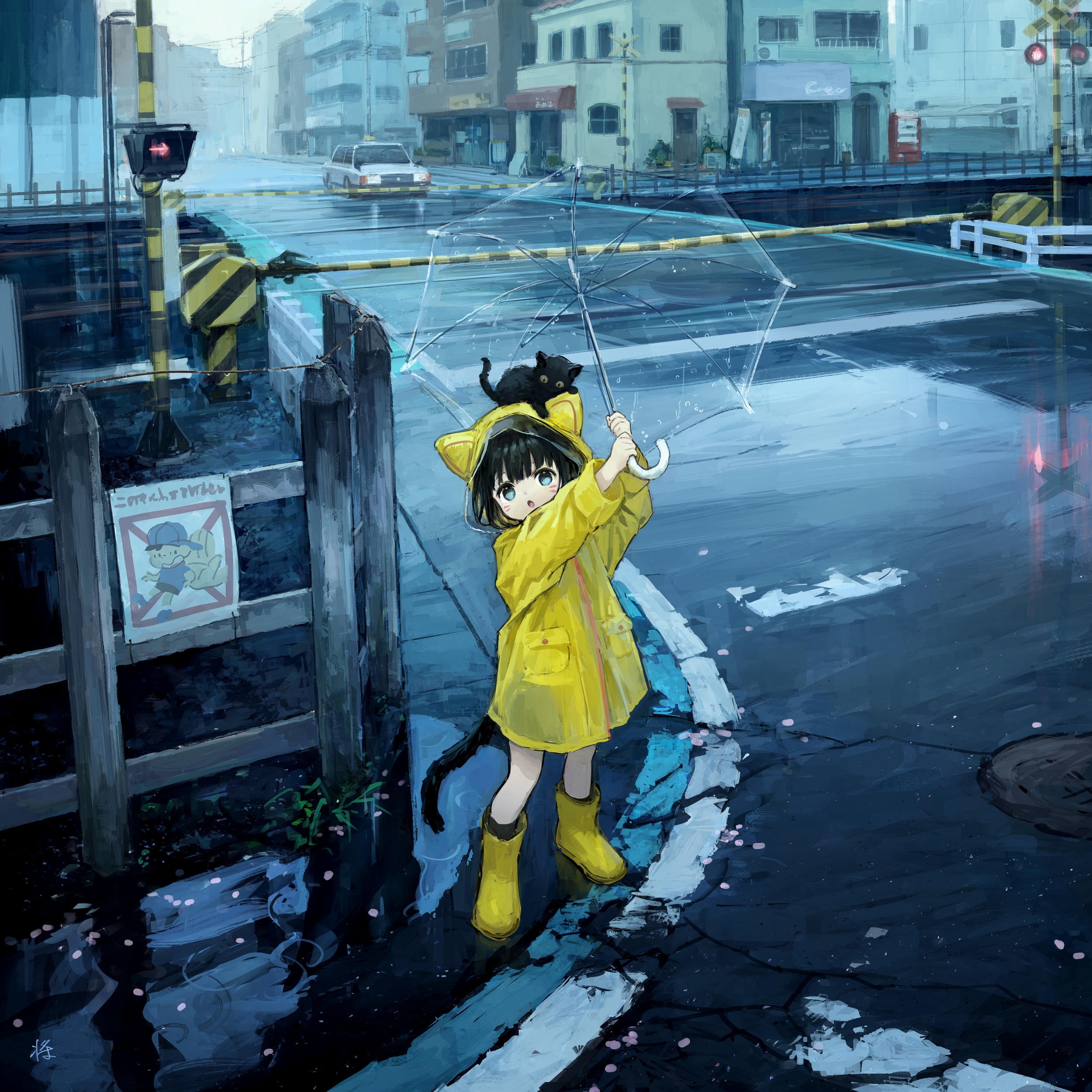 Girl in yellow raincoat with cat under umbrella in rain HD Wallpaper
