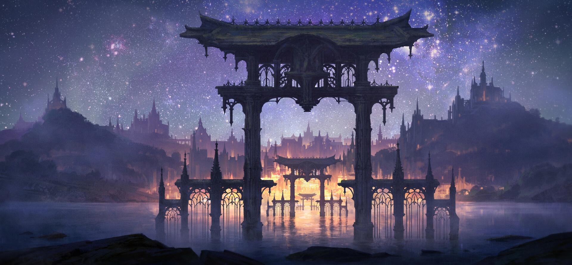 Fantasy city with torii gates under a starry night HD Wallpaper