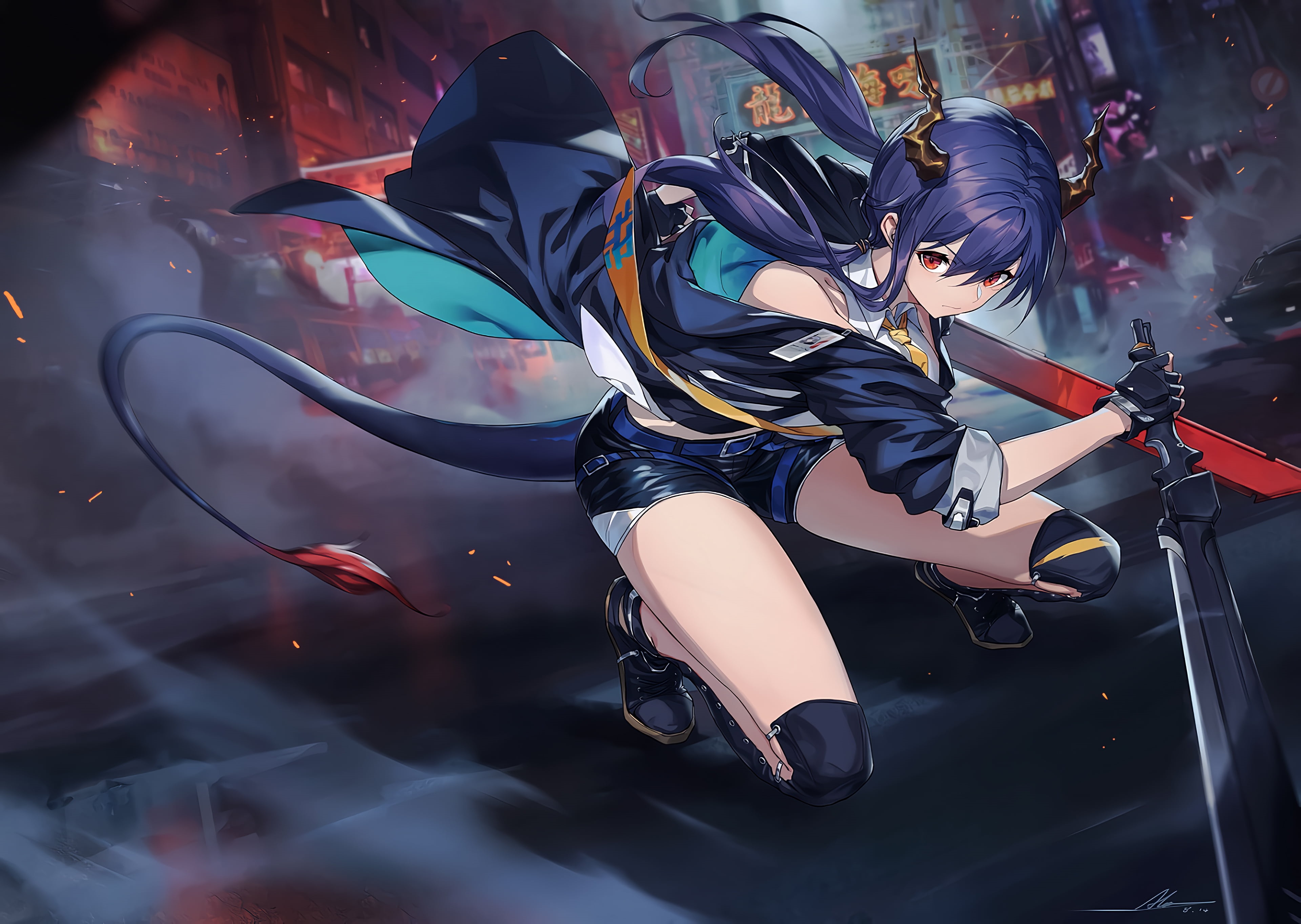 Chen from Arknights with sword and dragon features HD Wallpaper