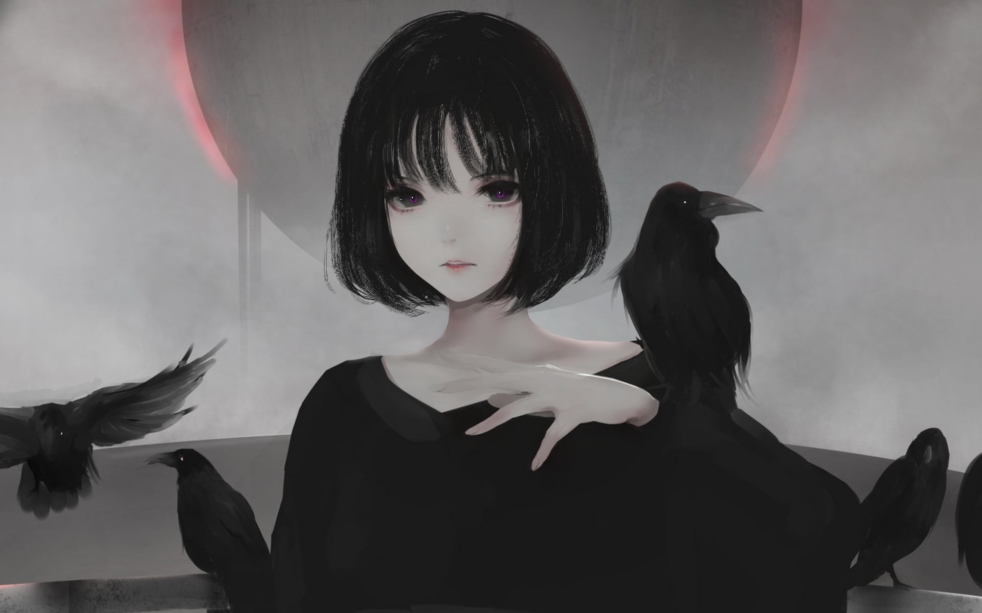 Anime girl with black hair and purple eyes surrounded by crows HD Wallpaper